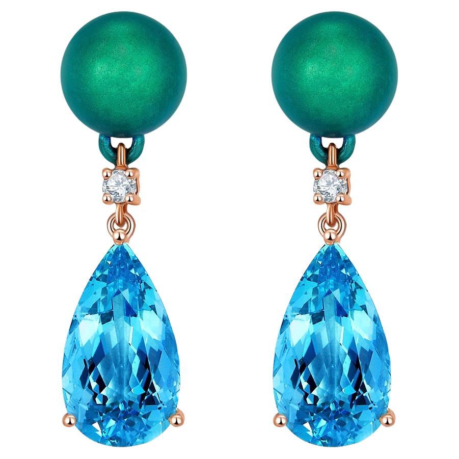 Eostre Aquamarine, Titanium Beads and Diamond Earring in 18K Rose Gold For Sale