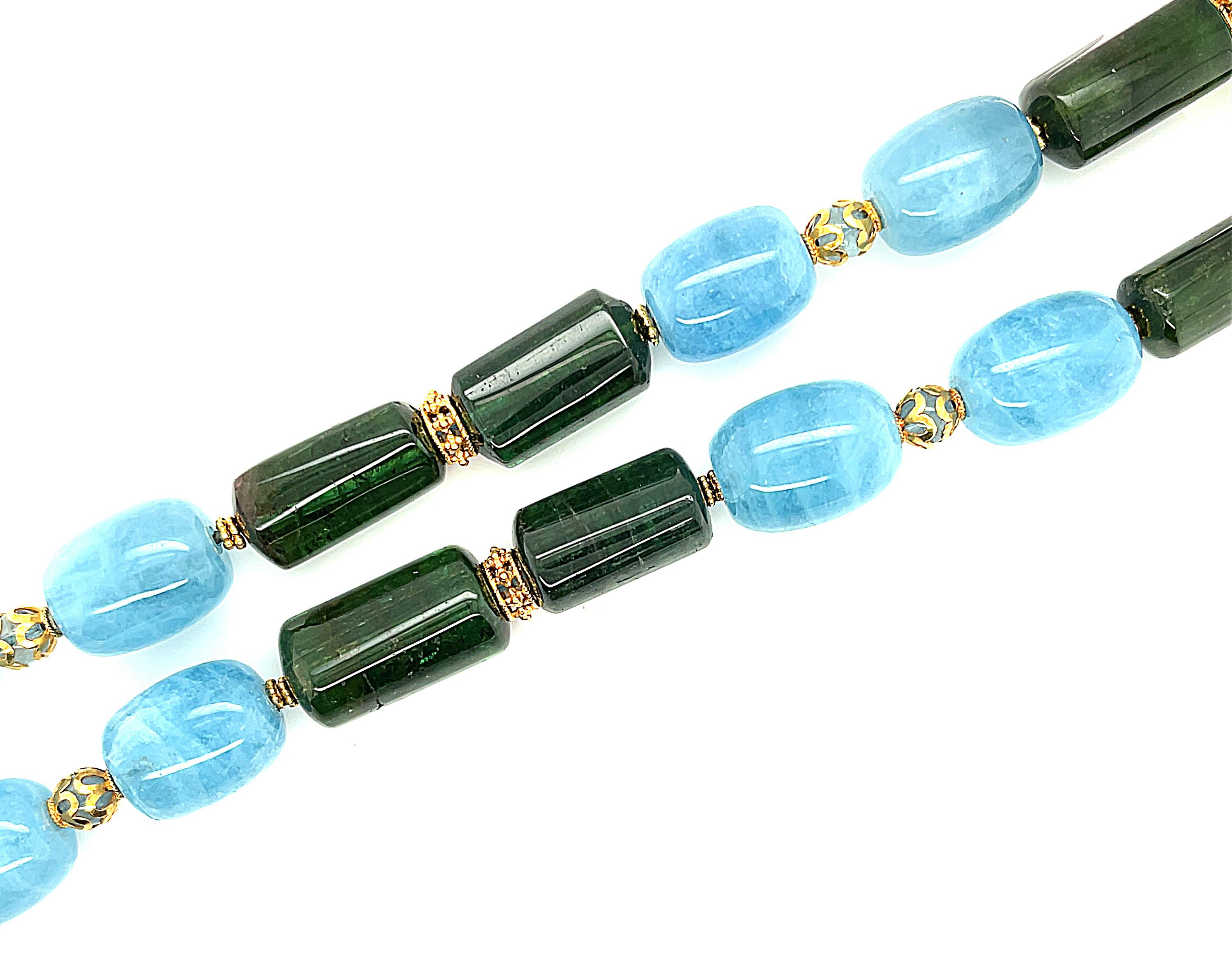 Artisan Aquamarine and Tourmaline Barrel Shaped Bead Necklace with Yellow Gold Accents