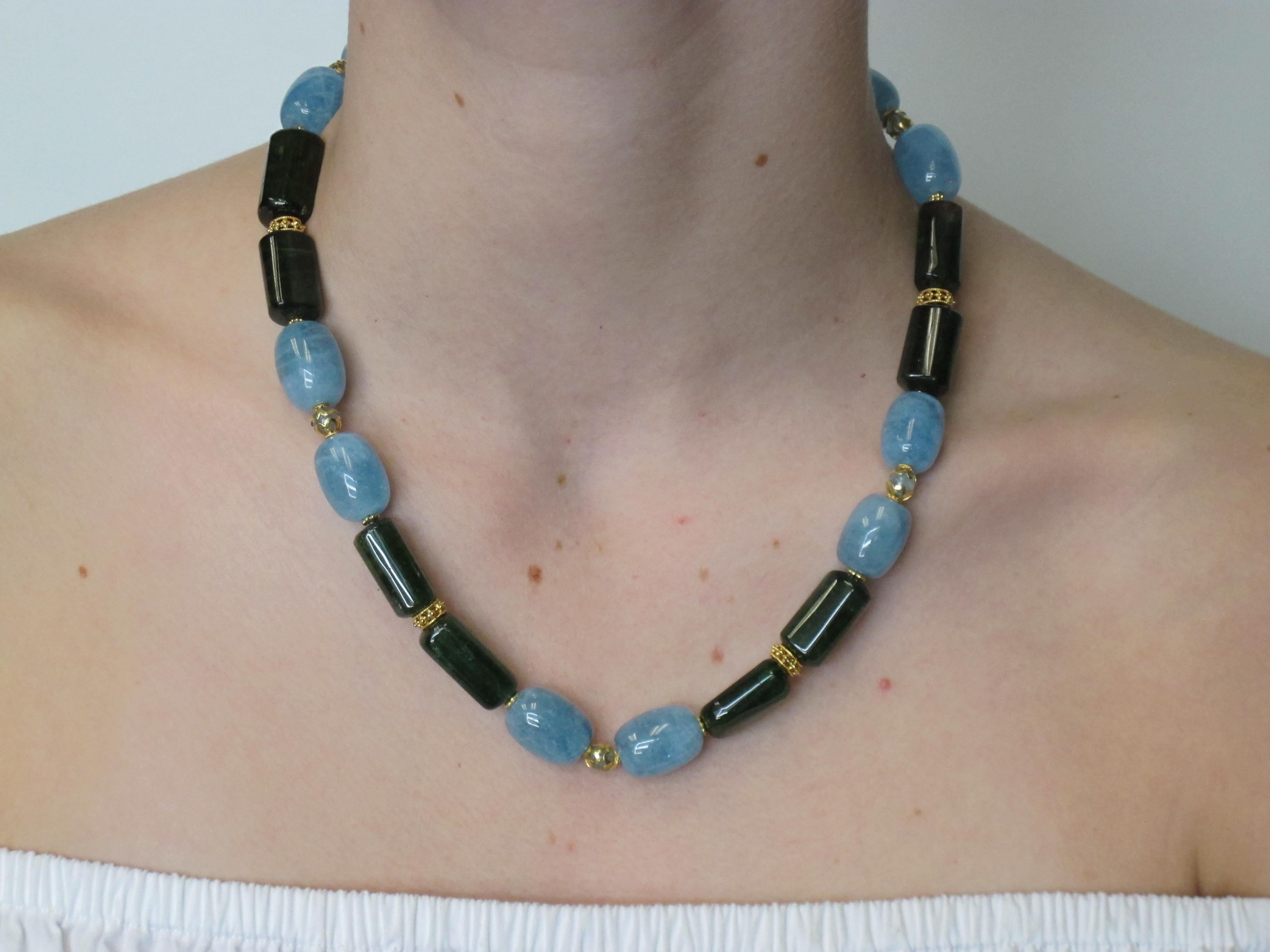 Aquamarine and Tourmaline Barrel Shaped Bead Necklace with Yellow Gold Accents In New Condition In Los Angeles, CA