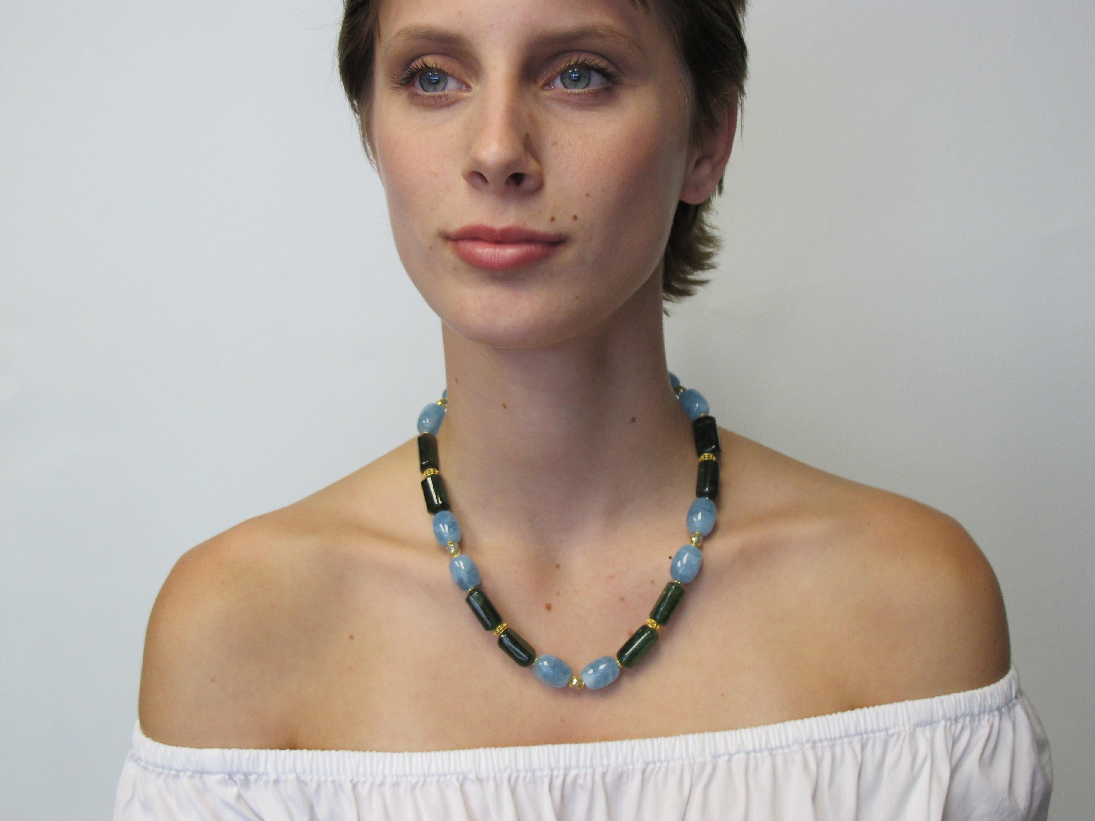 Women's or Men's Aquamarine and Tourmaline Barrel Shaped Bead Necklace with Yellow Gold Accents