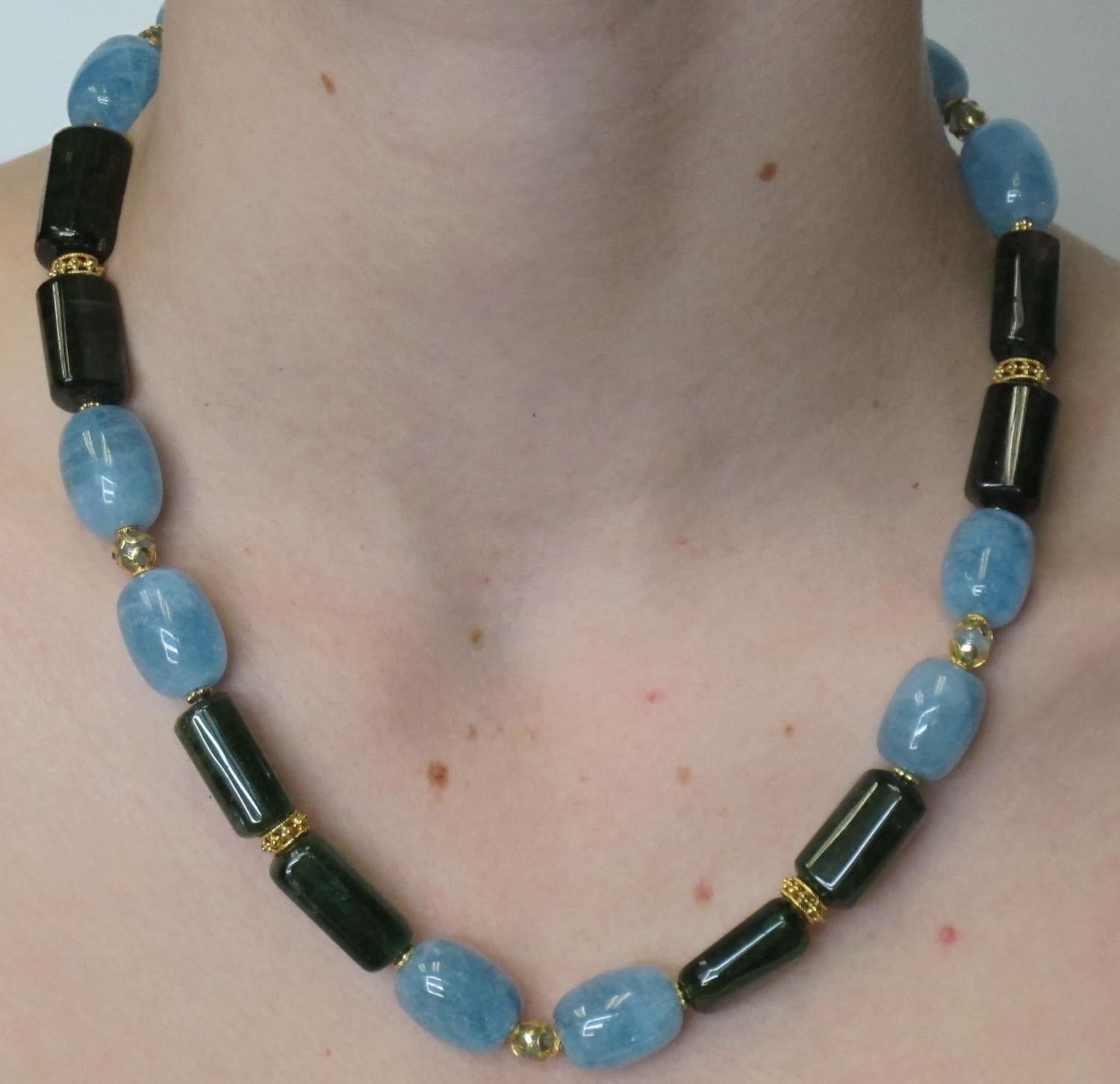 Aquamarine and Tourmaline Barrel Shaped Bead Necklace with Yellow Gold Accents 2