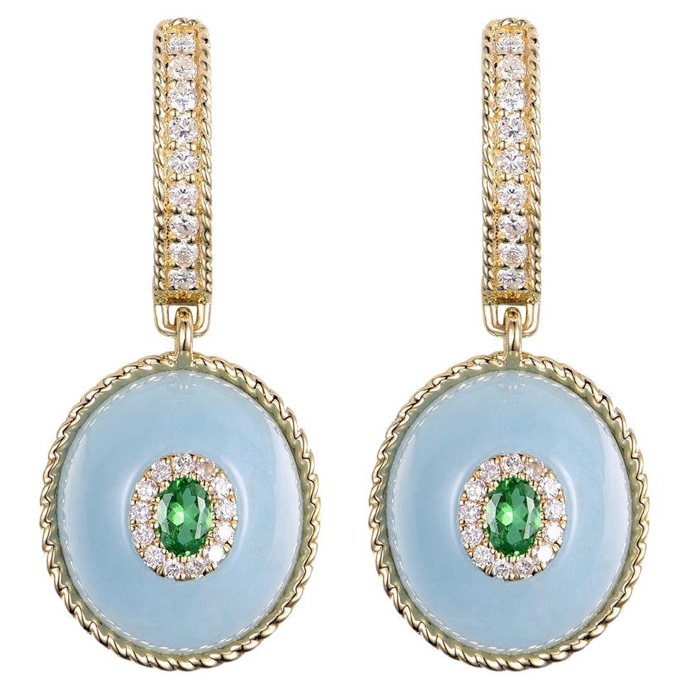 Aquamarine and Tsavorite Dangle Earring in 14 Karat Yellow Gold