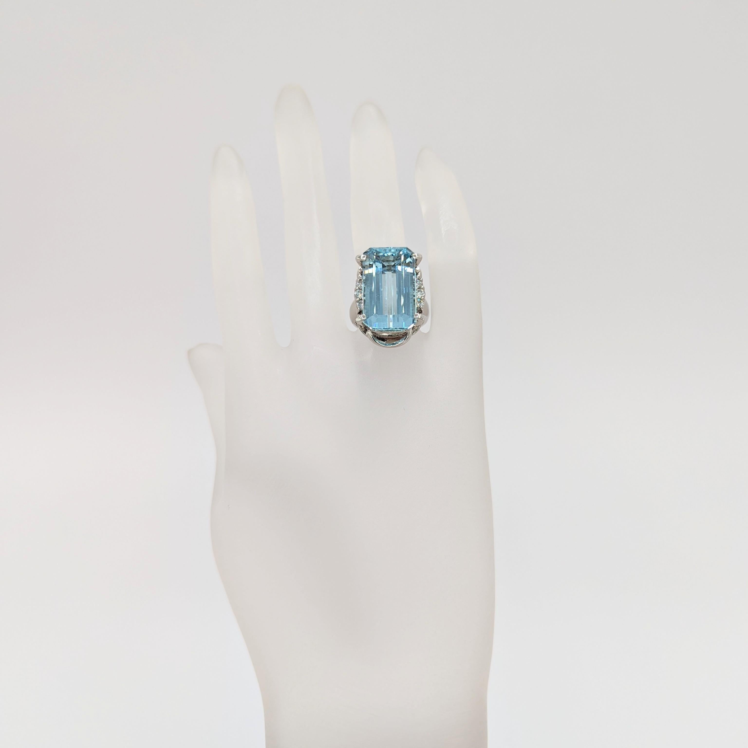 Emerald Cut Aquamarine and White Diamond Cocktail Ring in Platinum For Sale