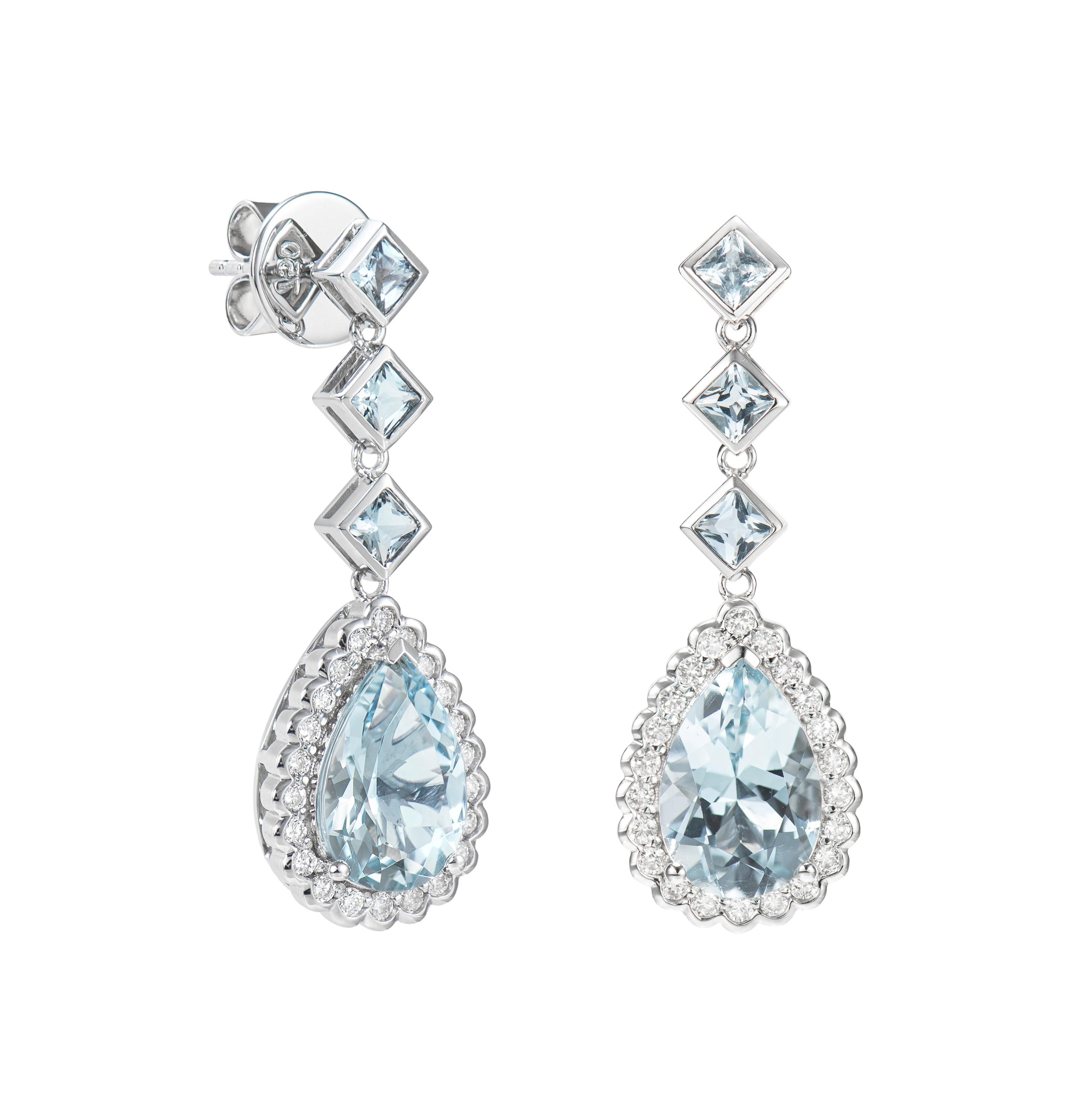 This collection features an array of aquamarines with an icy blue hue that is as cool as it gets! Accented with diamonds these Dangle Earrings are made in white gold and present a classic yet elegant look. 

Aquamarine and White Diamond Dangle