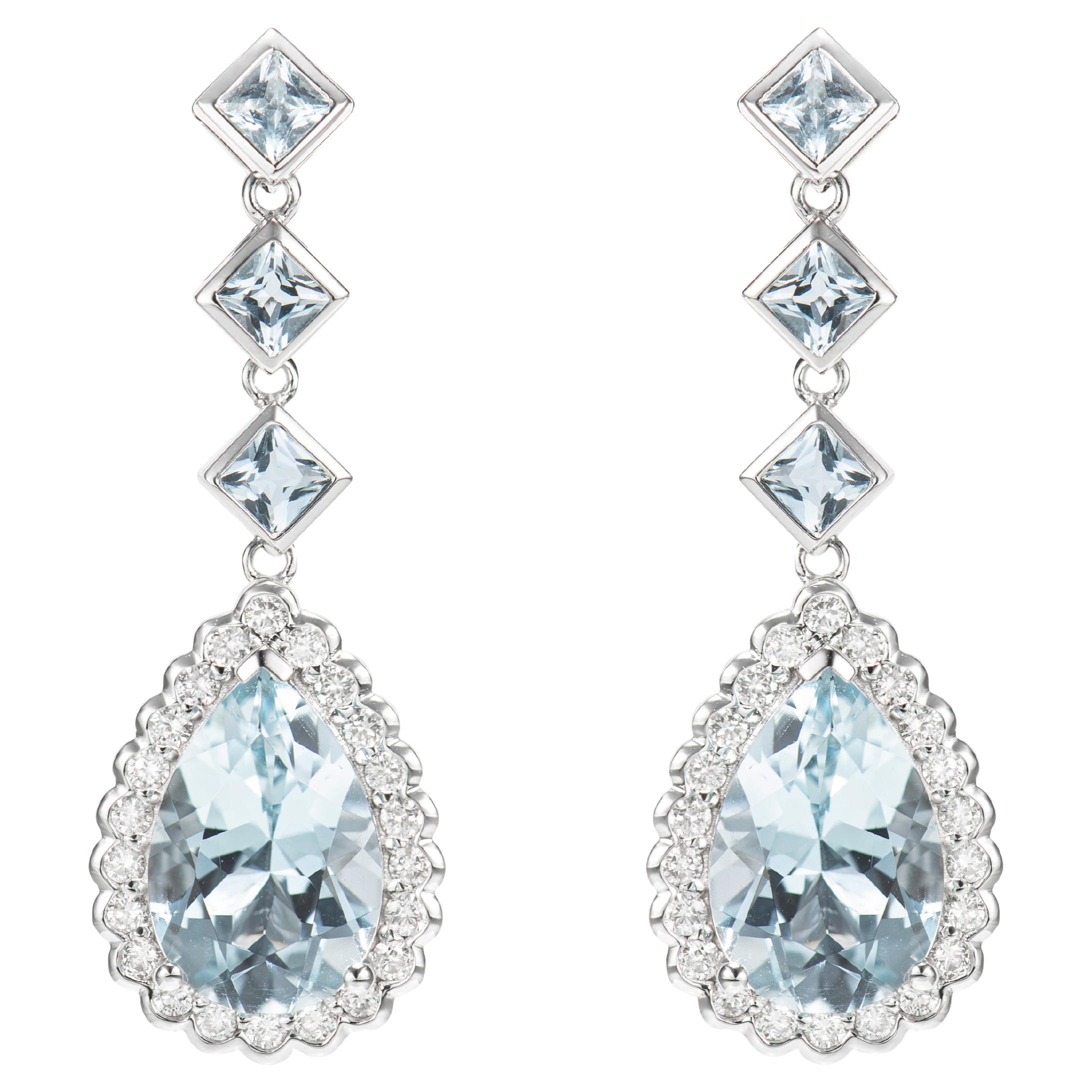 Aquamarine and White Diamond Dangle Earring in 18 Karat White Gold For Sale