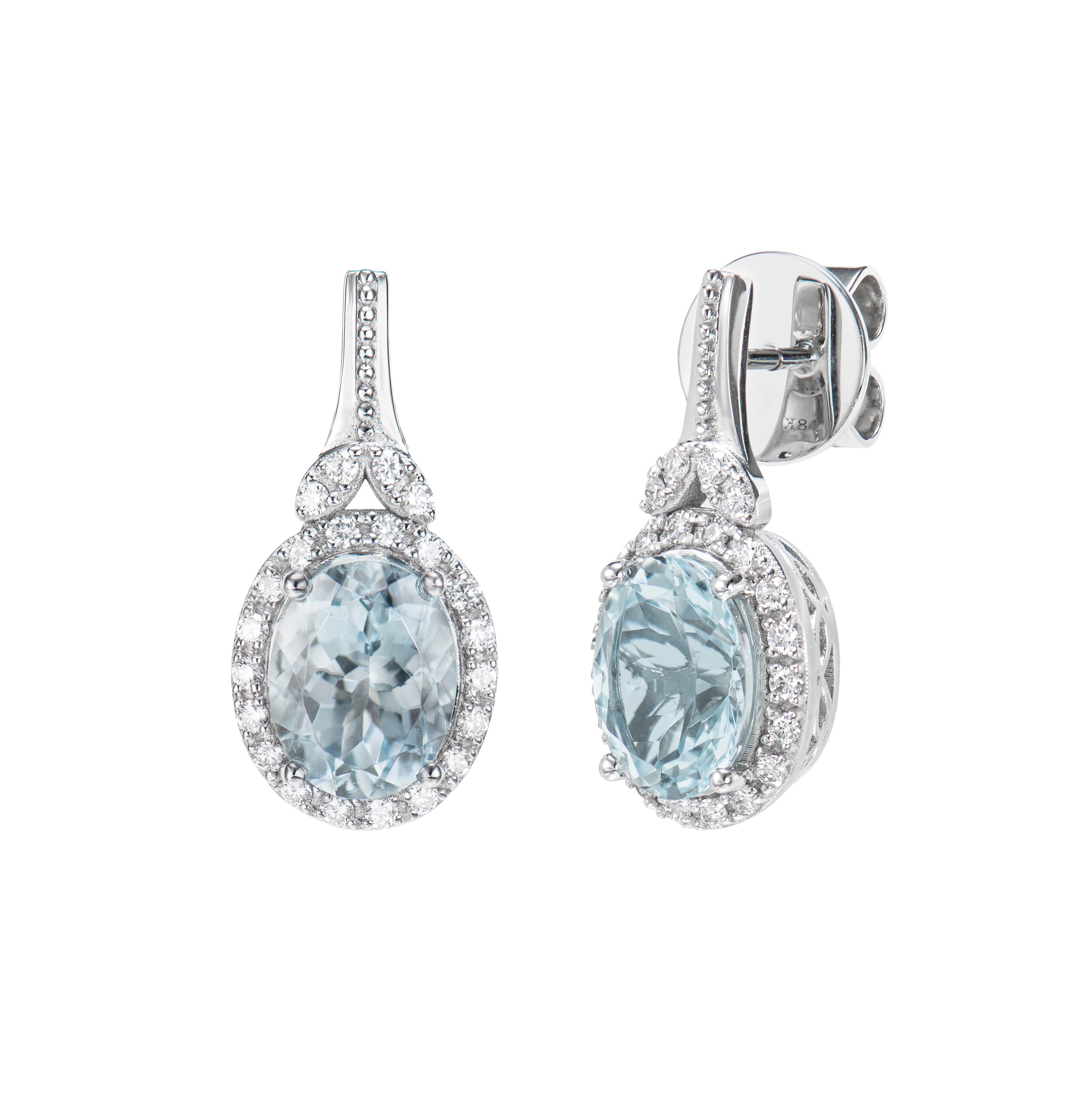 Oval Cut Aquamarine and White Diamond Drops Earring in 18 KWG For Sale