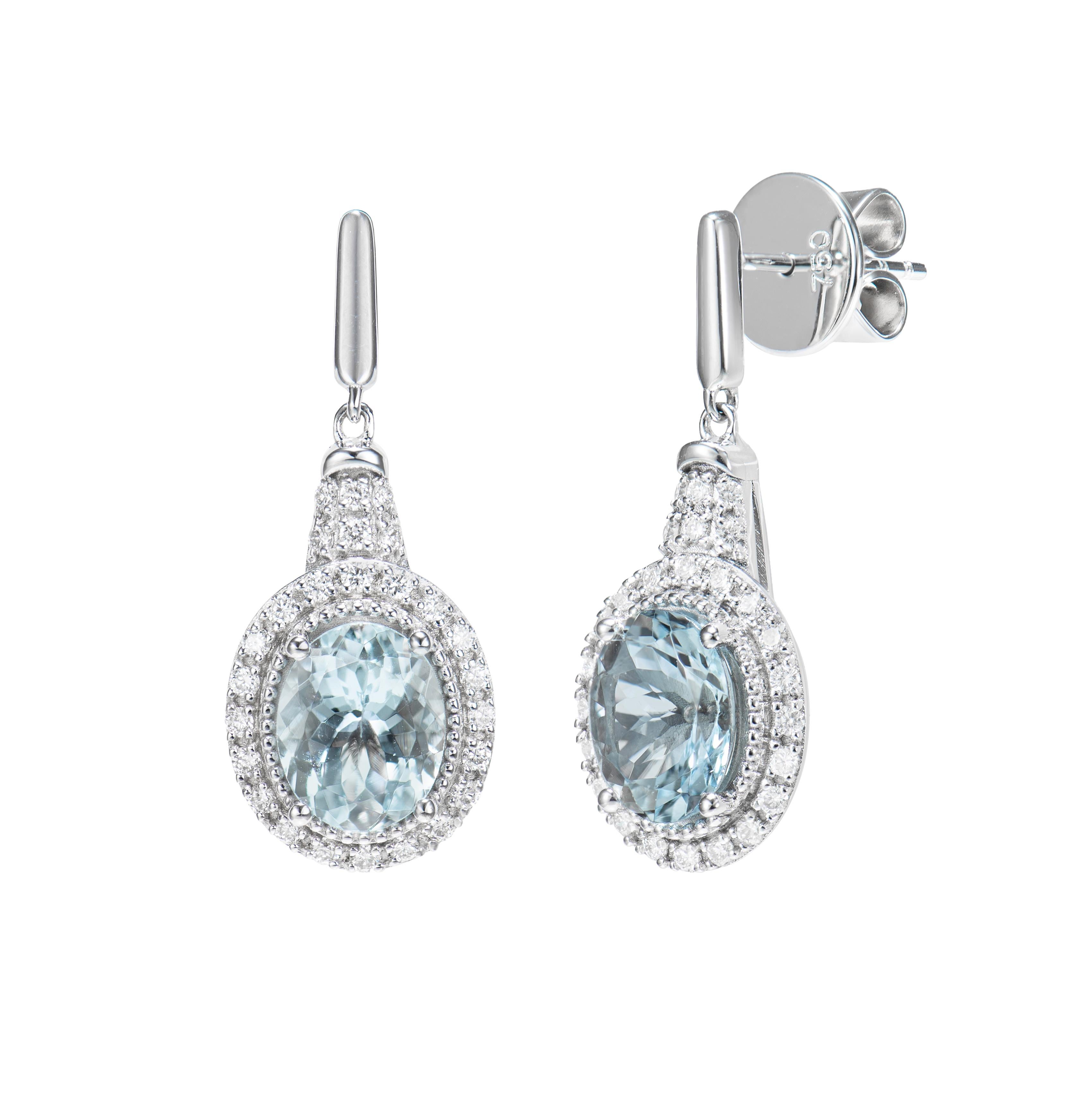 Oval Cut Aquamarine and White Diamond Drops Earring in 18 Karat White Gold. For Sale