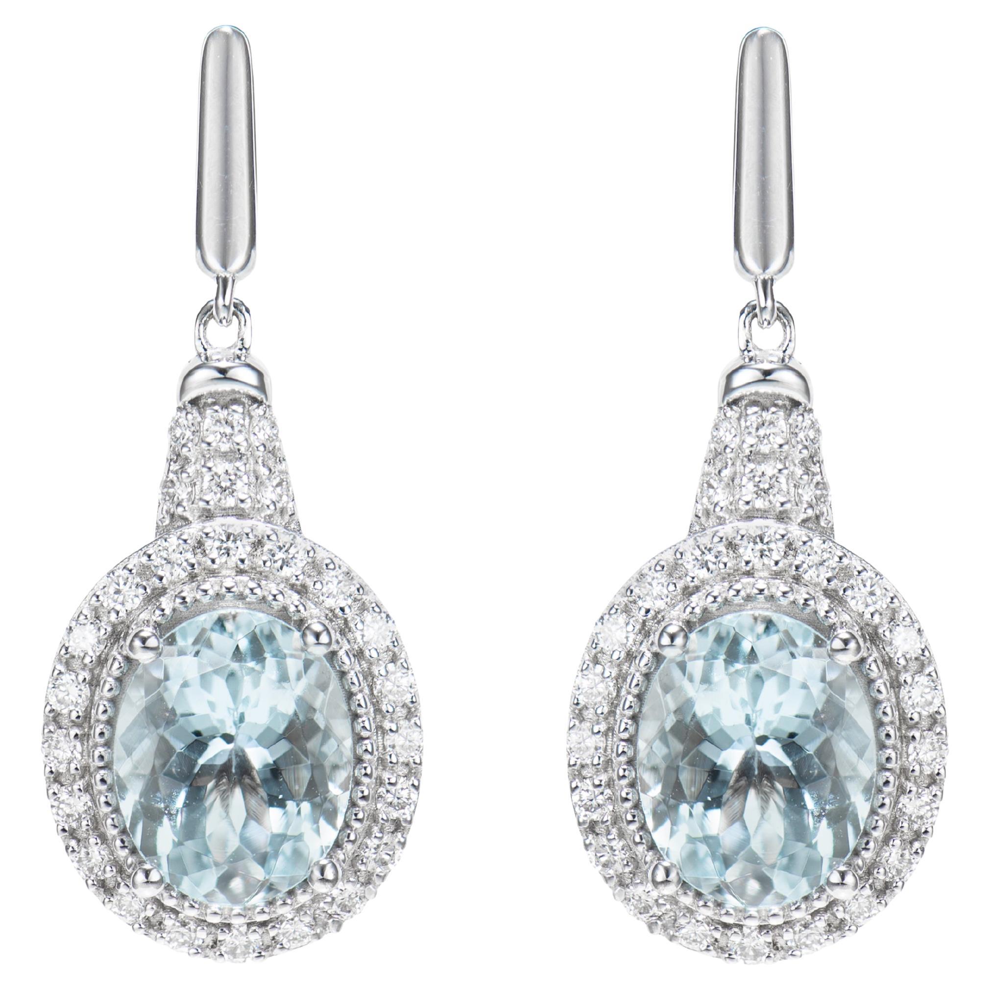 Aquamarine and White Diamond Drops Earring in 18 Karat White Gold. For Sale