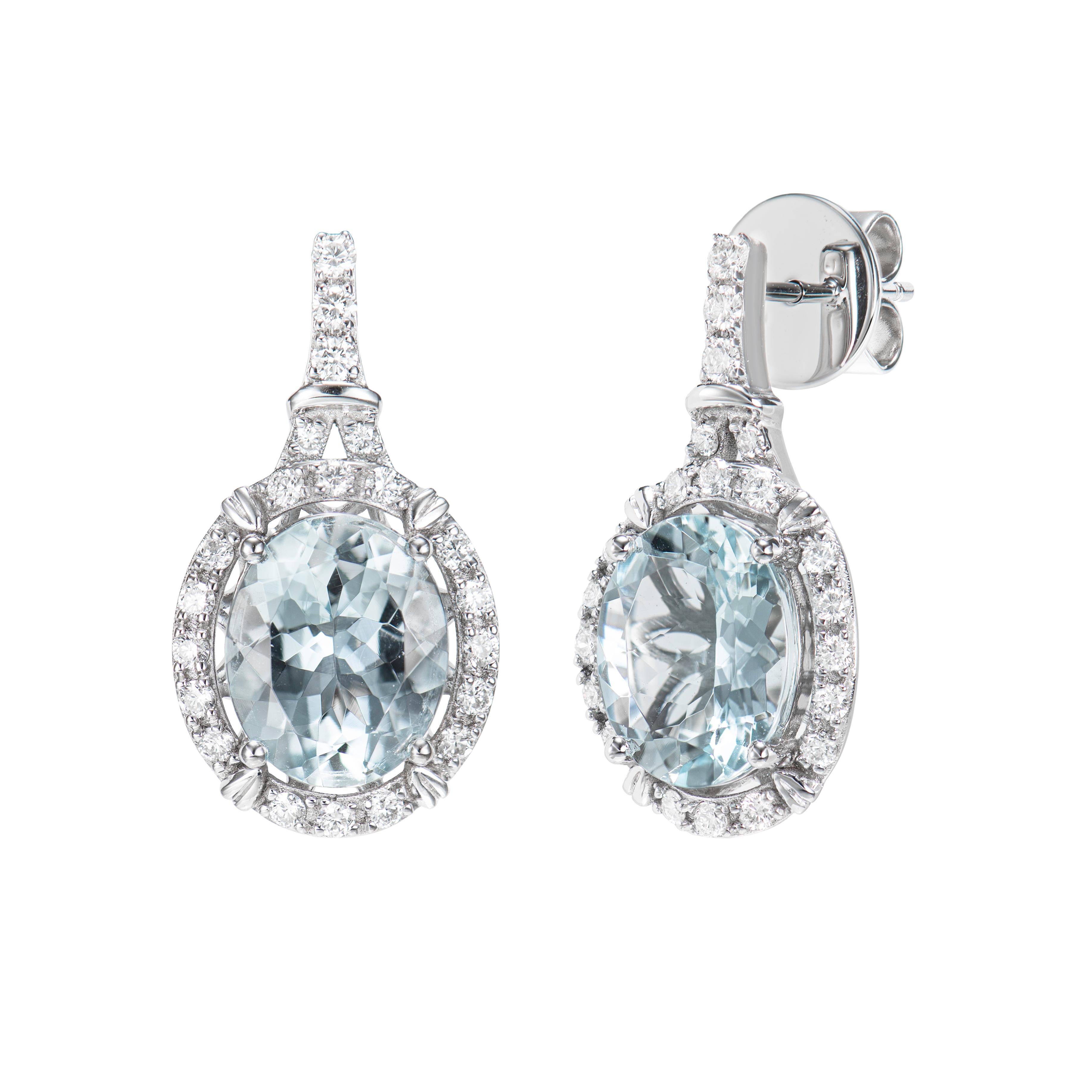 Oval Cut Aquamarine and White Diamond Drops Earring in 18 Karat White Gold For Sale