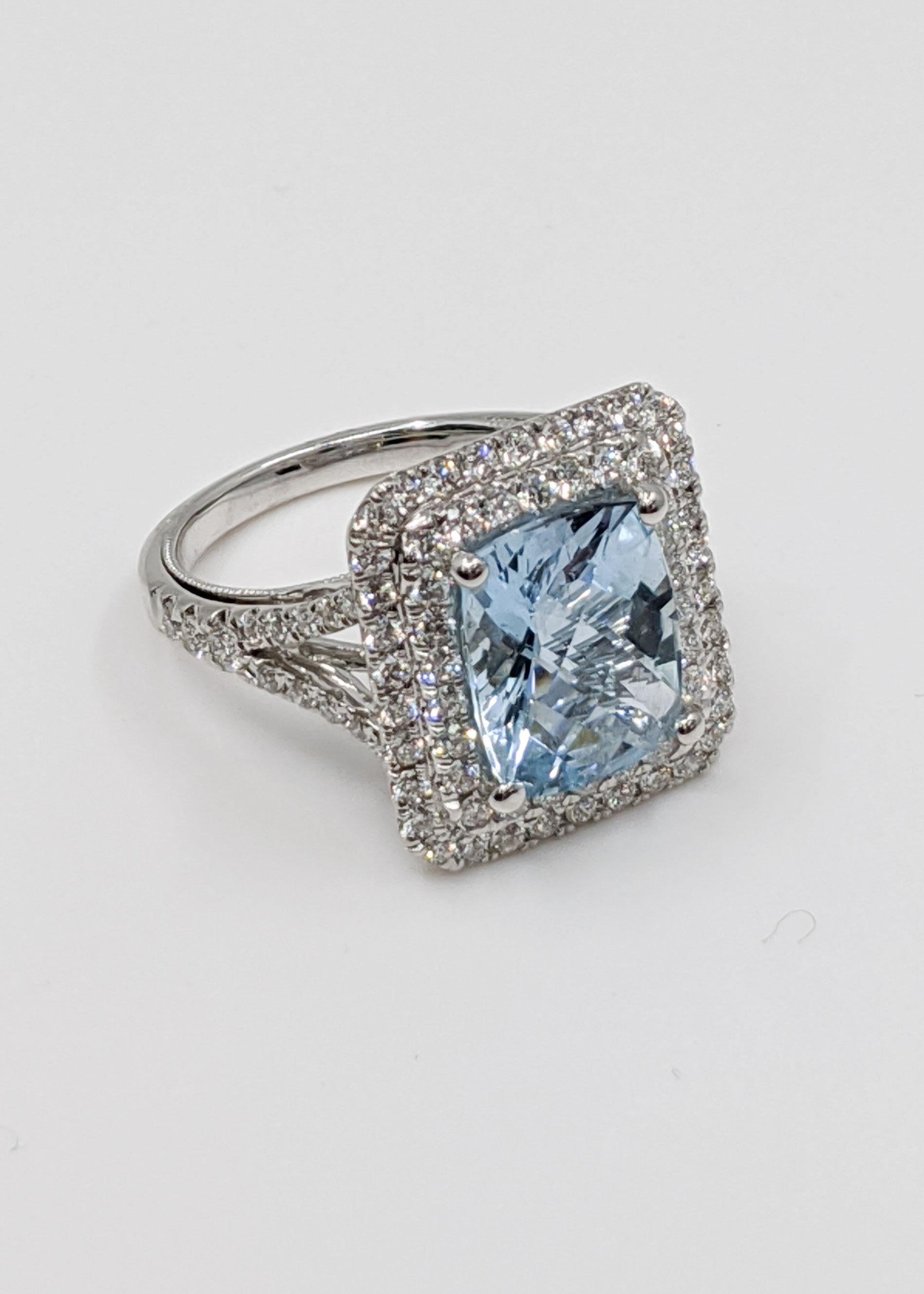 Aquamarine and White Diamond Fancy Ring 'Cushion Cut' In Excellent Condition In Great Neck, NY