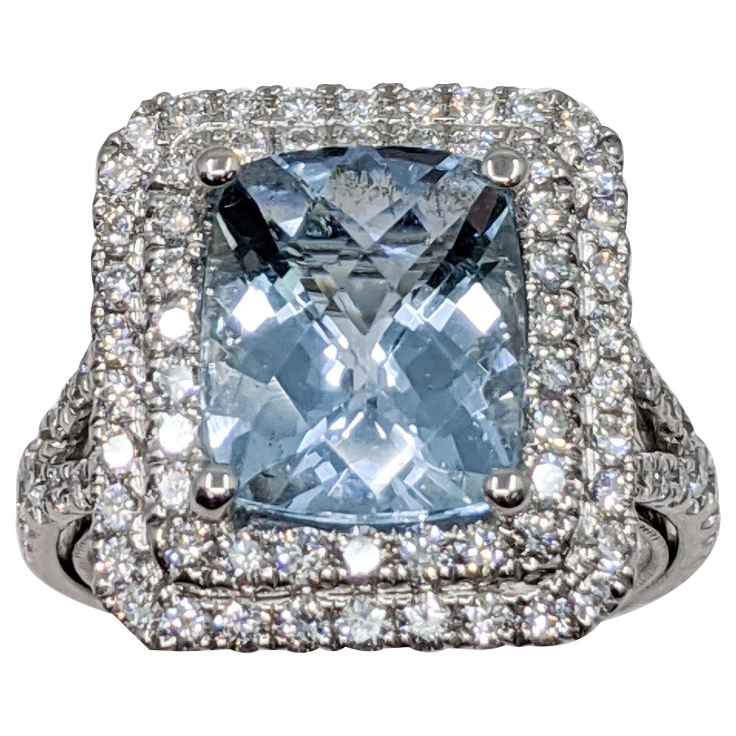 Aquamarine and White Diamond Fancy Ring 'Cushion Cut'