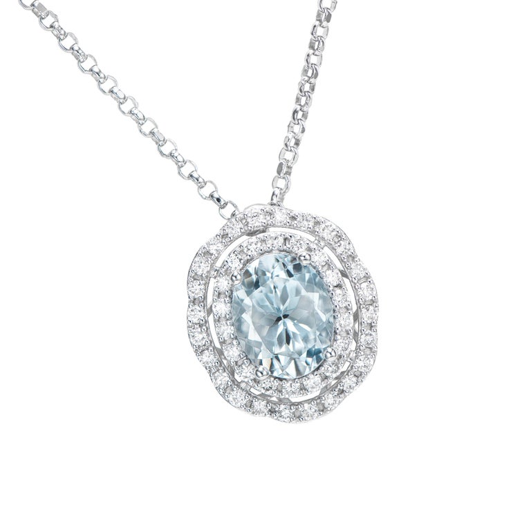Aquamarine & Diamond Bezel/Bead Set Pendant in 9ct White Gold main image 0