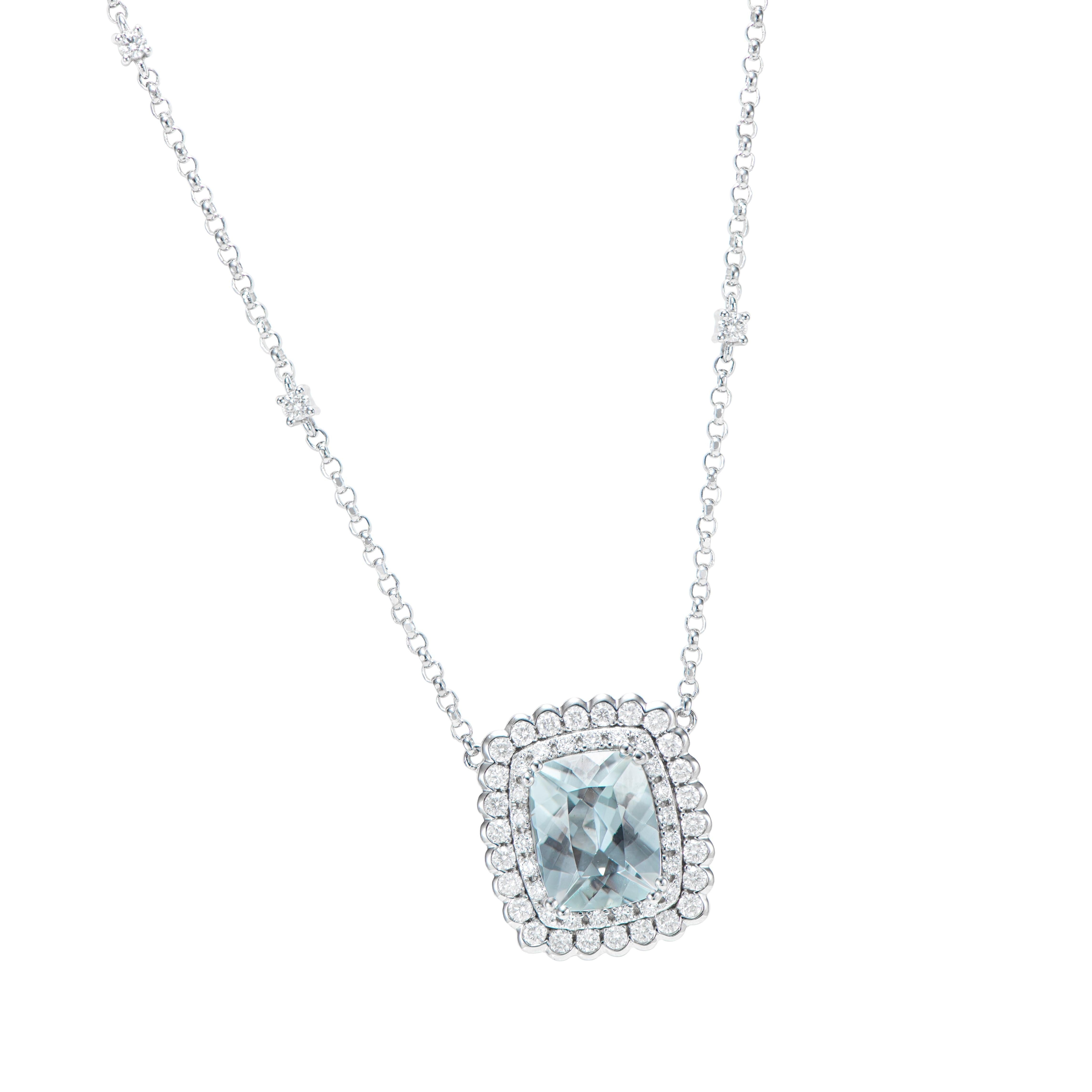 This collection features an array of aquamarines with an icy blue hue that is as cool as it gets! Accented with diamonds these Pendants are made in white gold and present a classic yet elegant look. 

Aquamarine and White Diamond Pendant in 18 Karat