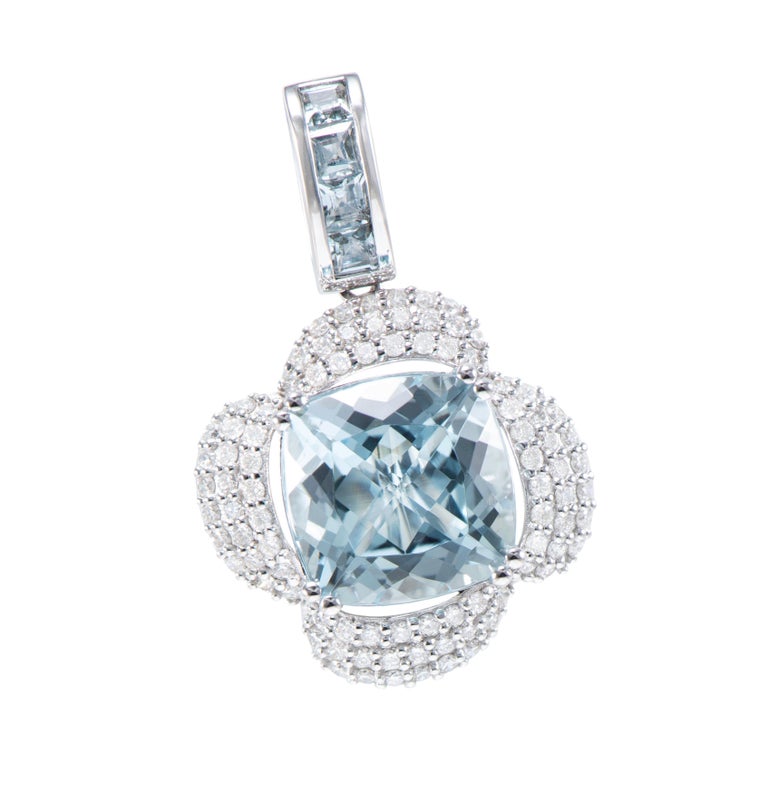 Aquamarine & Diamond Bezel/Bead Set Pendant in 9ct White Gold