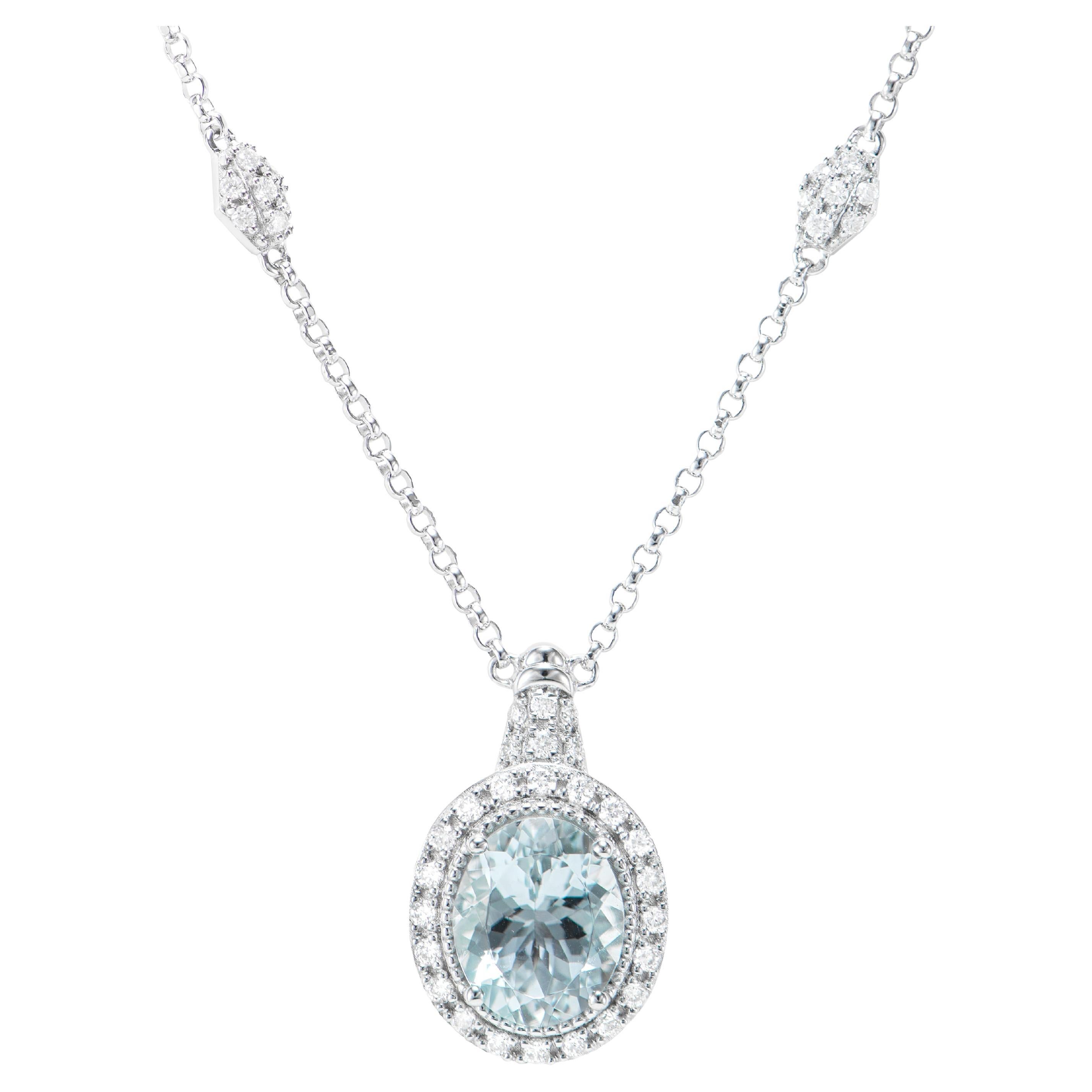 Aquamarine and White Diamond Pendant in 18 Karat White Gold For Sale