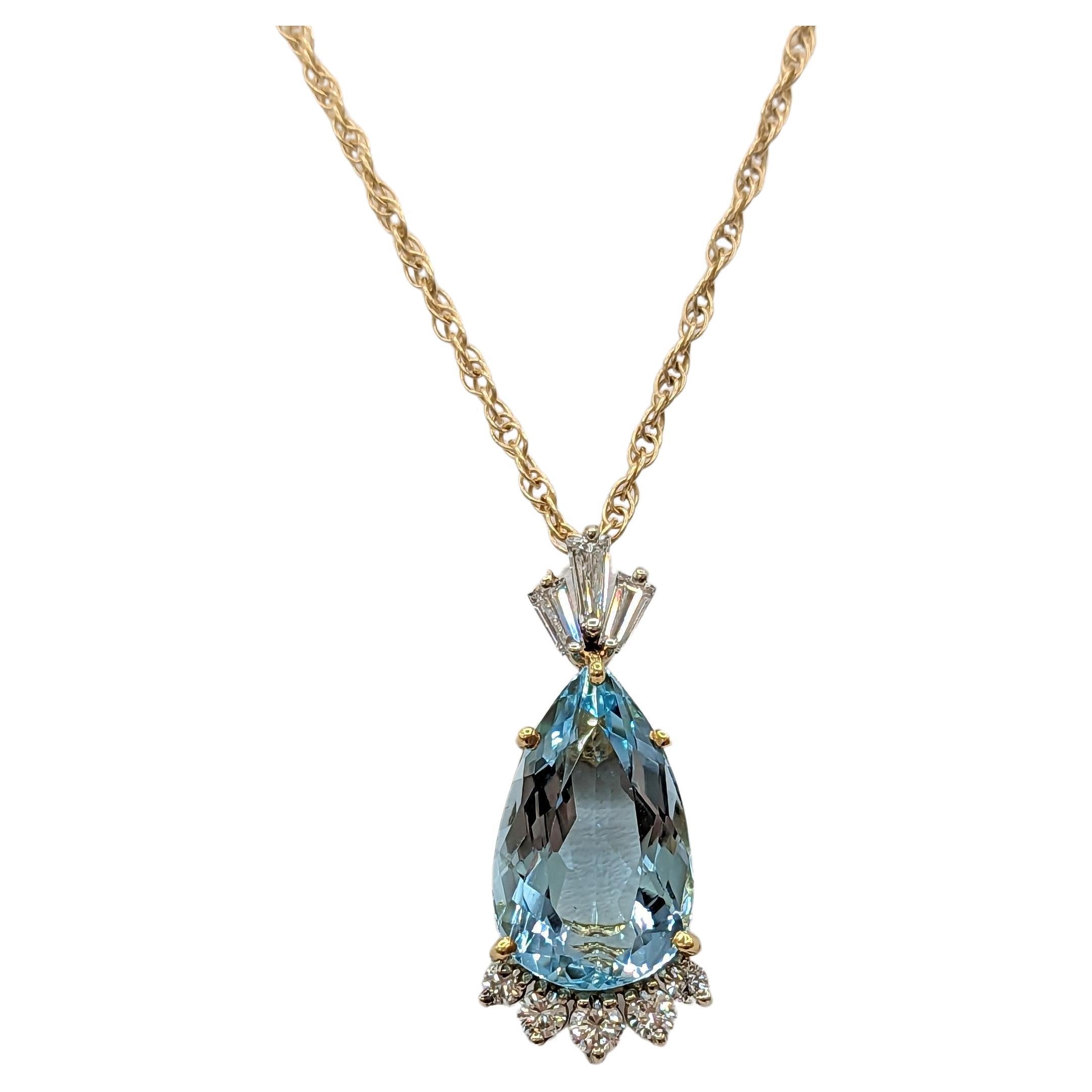 Aquamarine and White Diamond Pendant Necklace in 14K Yellow Gold For Sale