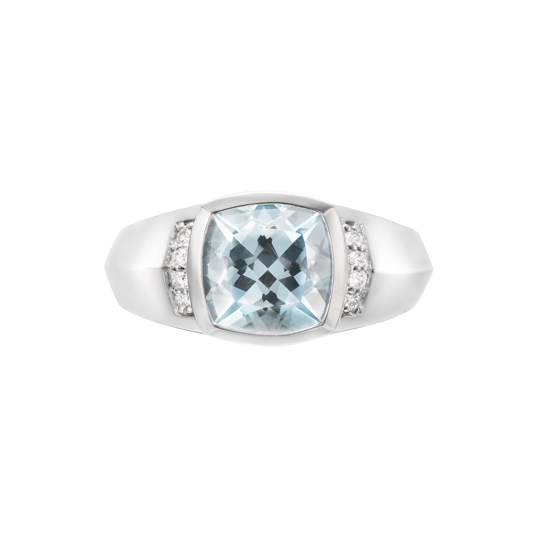 Cushion Cut Aquamarine and White Diamond Ring in 18 Karat White Gold. For Sale