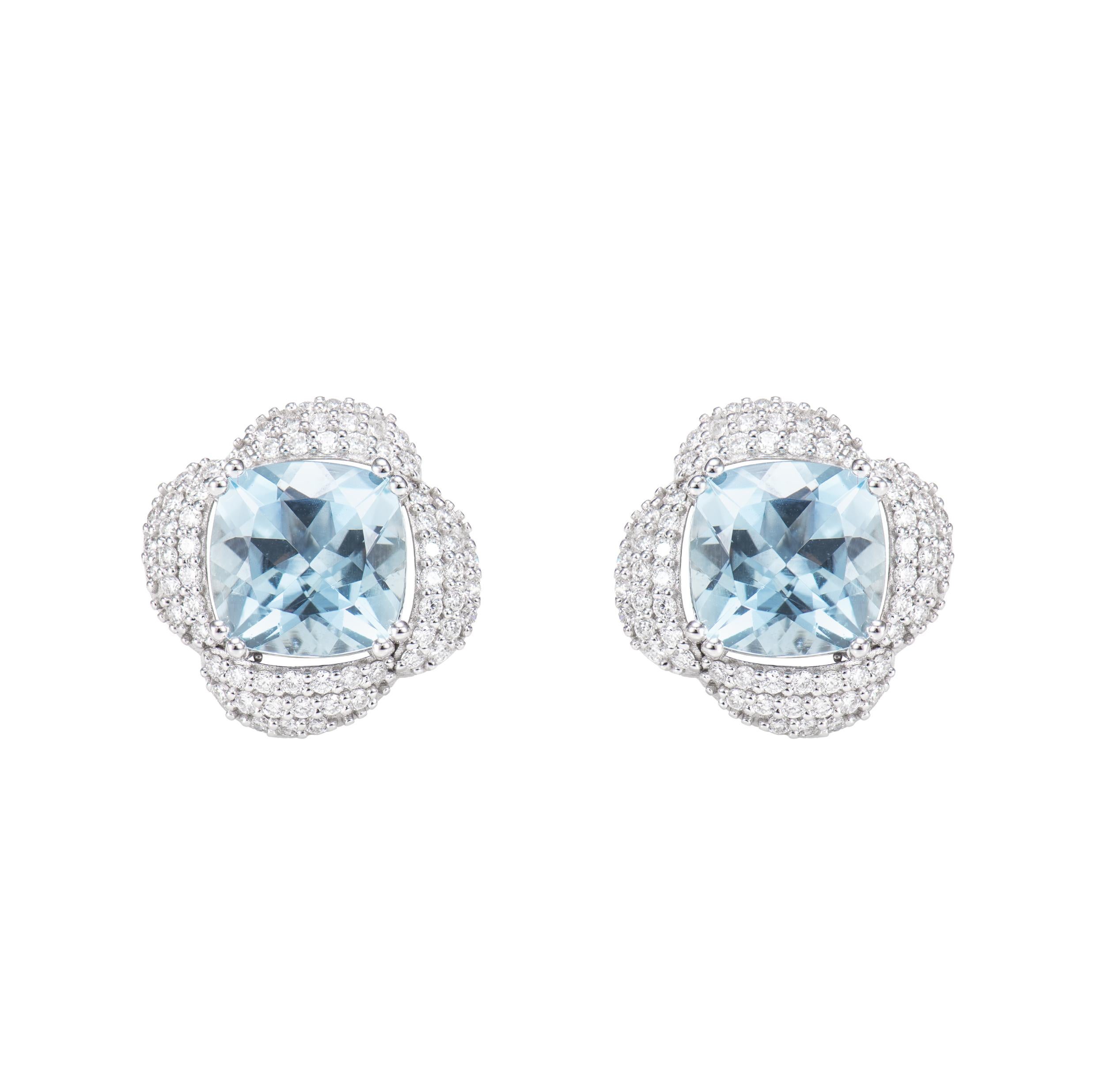 Contemporary Aquamarine and White Diamond Stud Earring in 18 KWG. For Sale