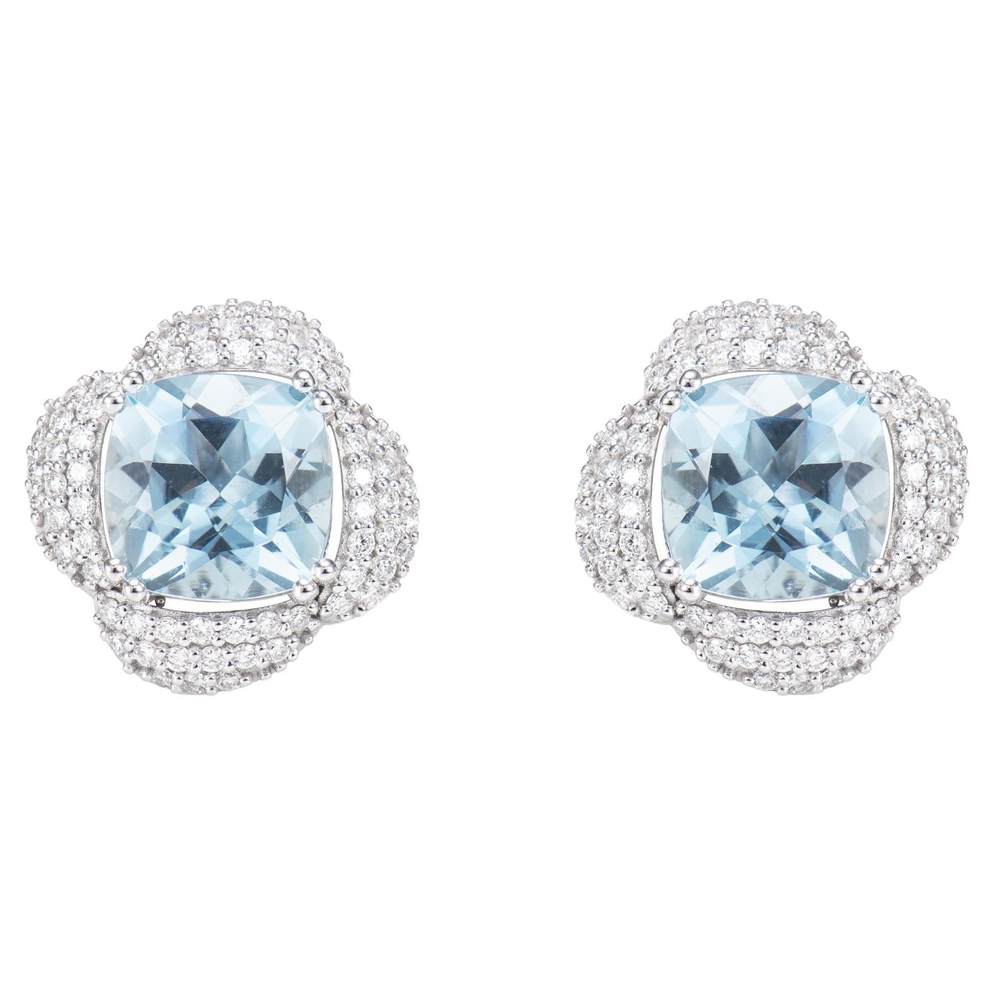 Aquamarine and White Diamond Stud Earring in 18 KWG. For Sale