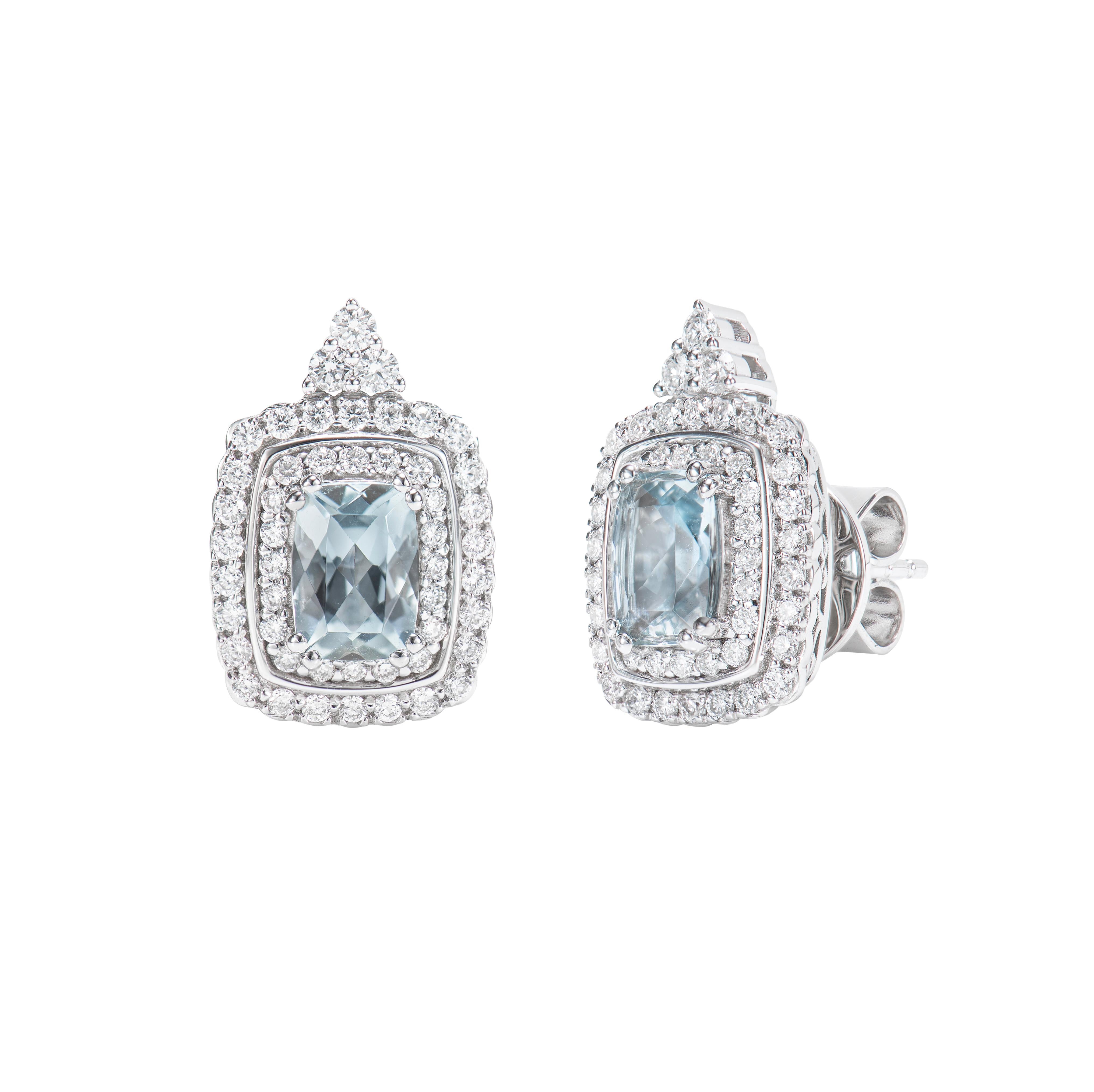 Cushion Cut Aquamarine and White Diamond Studs Earring in 18 Karat White Gold For Sale