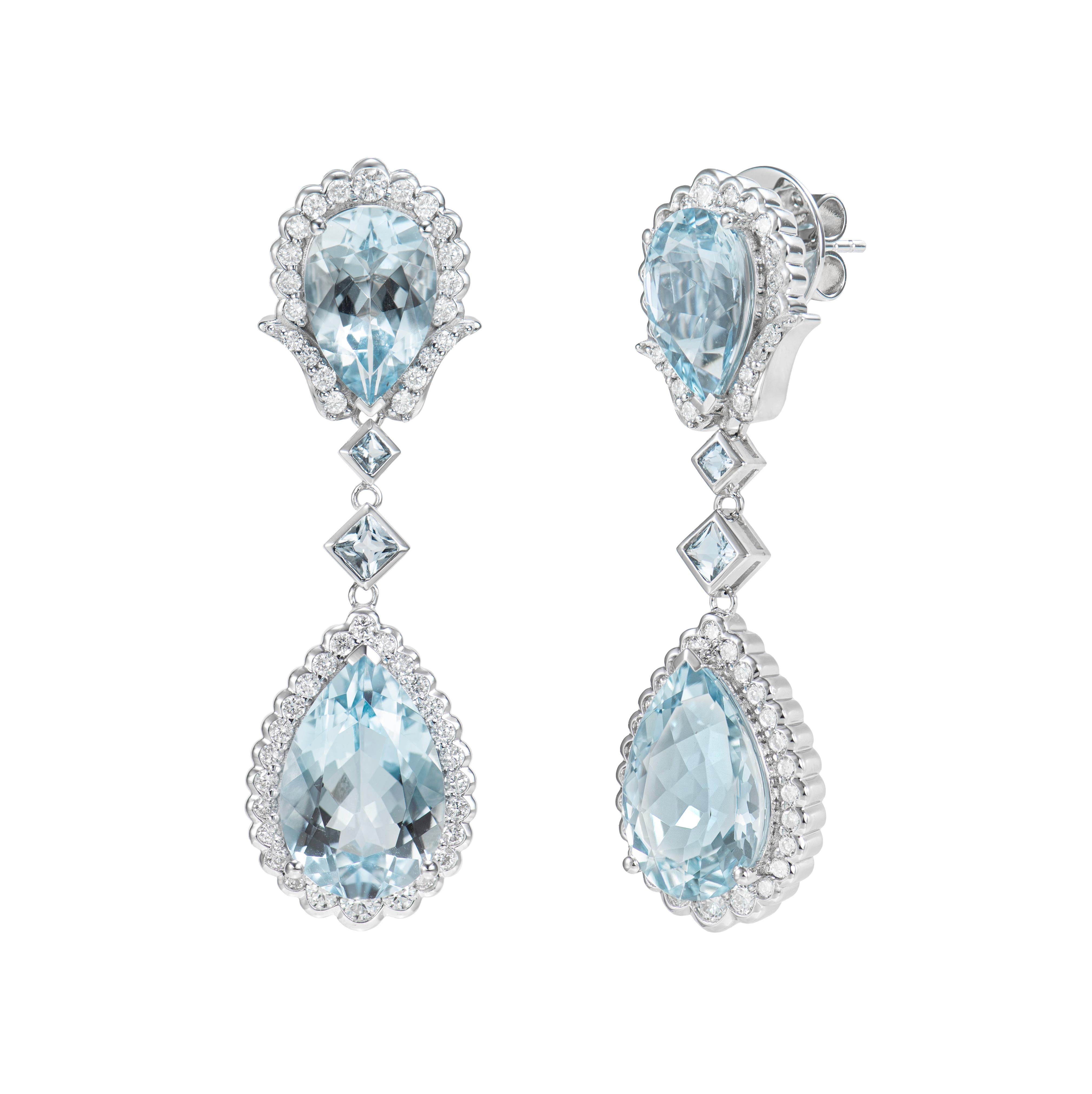 Pear Cut Aquamarine and White Diamond Teardrops Earring in 18 Karat White Gold. For Sale