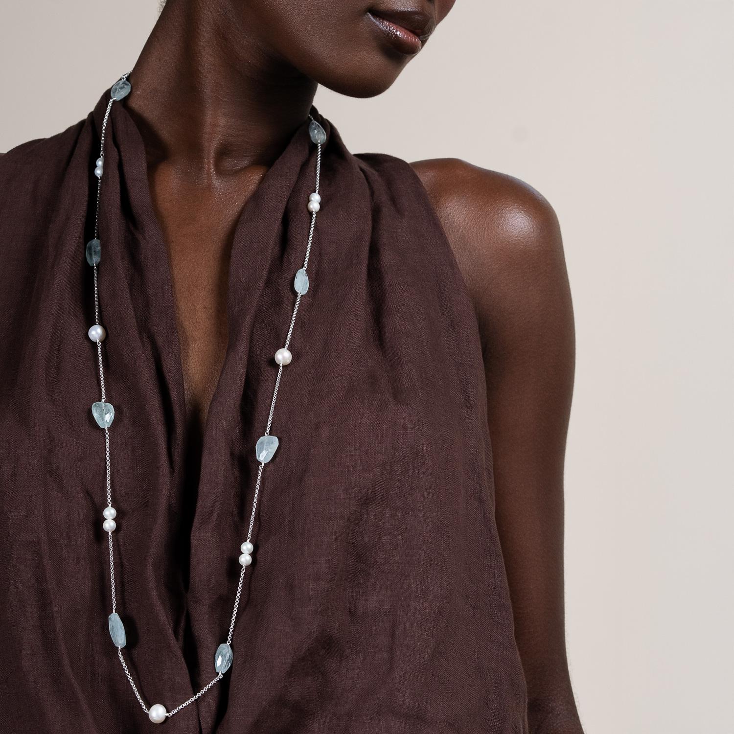 Collar Arrayán de Aguamarina y Perla Blanca en Plata de Ley Primer corte en venta