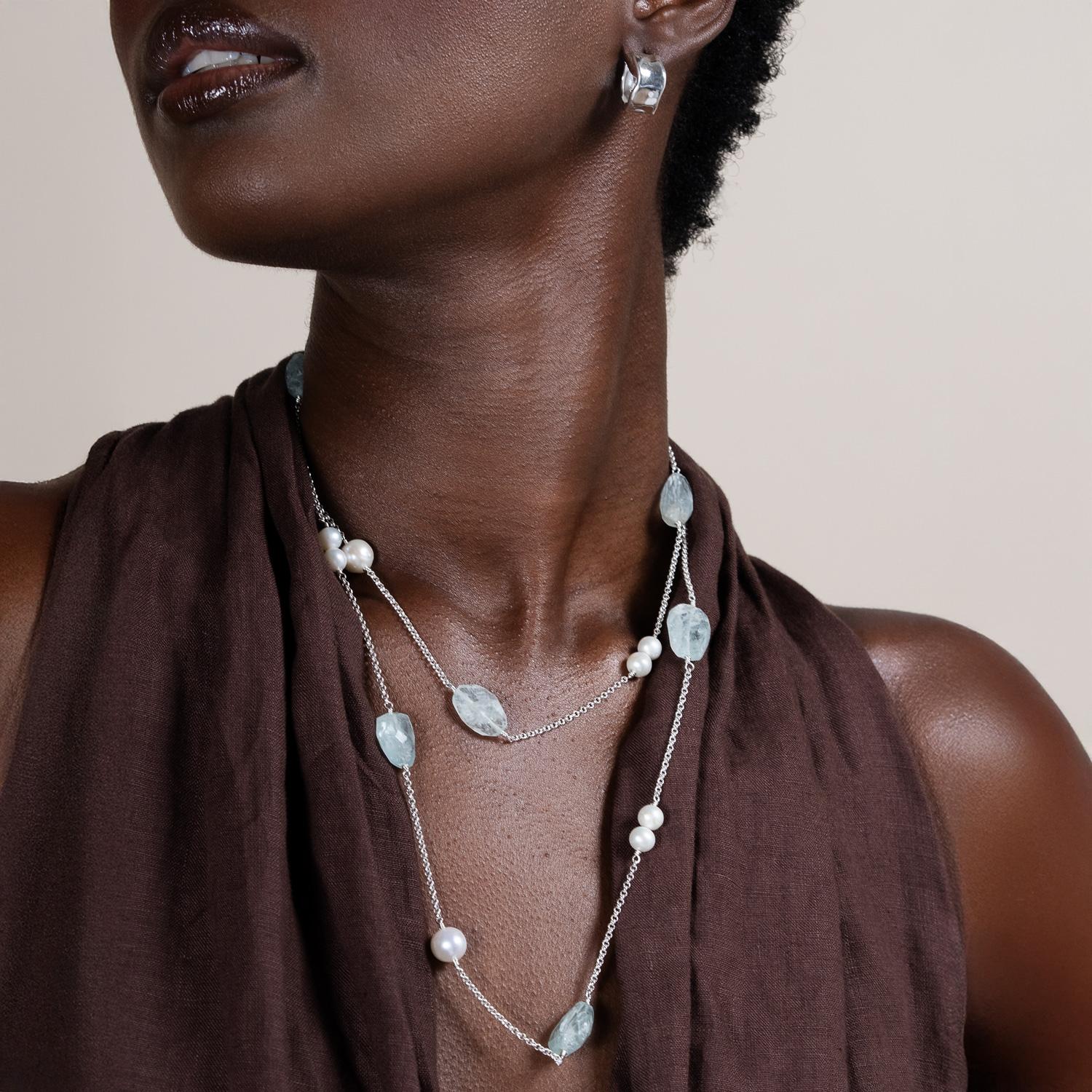 De las mujeres Collar Arrayán de Aguamarina y Perla Blanca en Plata de Ley en venta