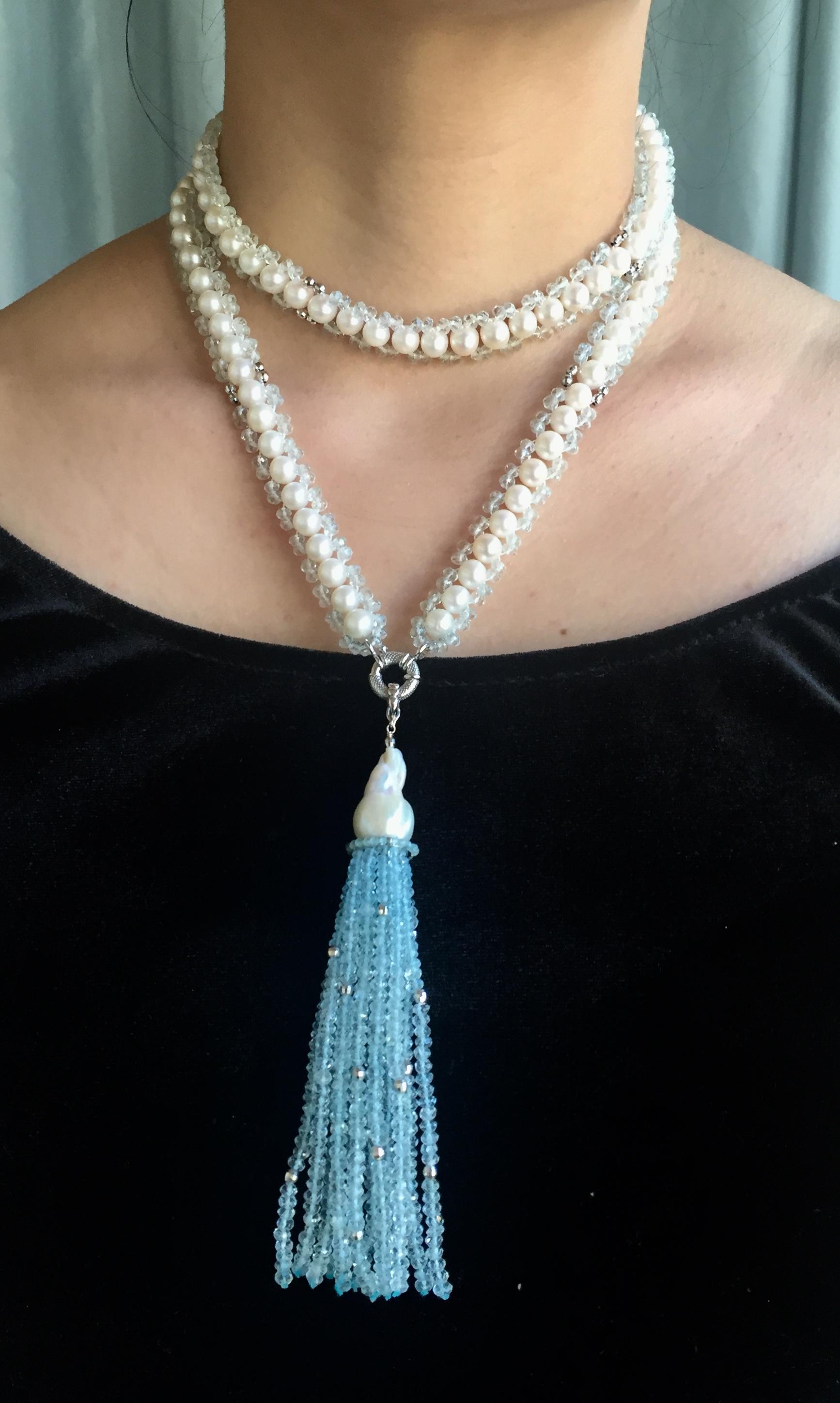 Marina J Woven Pearl, Aquamarine and 14k White Gold  Sautoir with large tassel  In New Condition In Los Angeles, CA