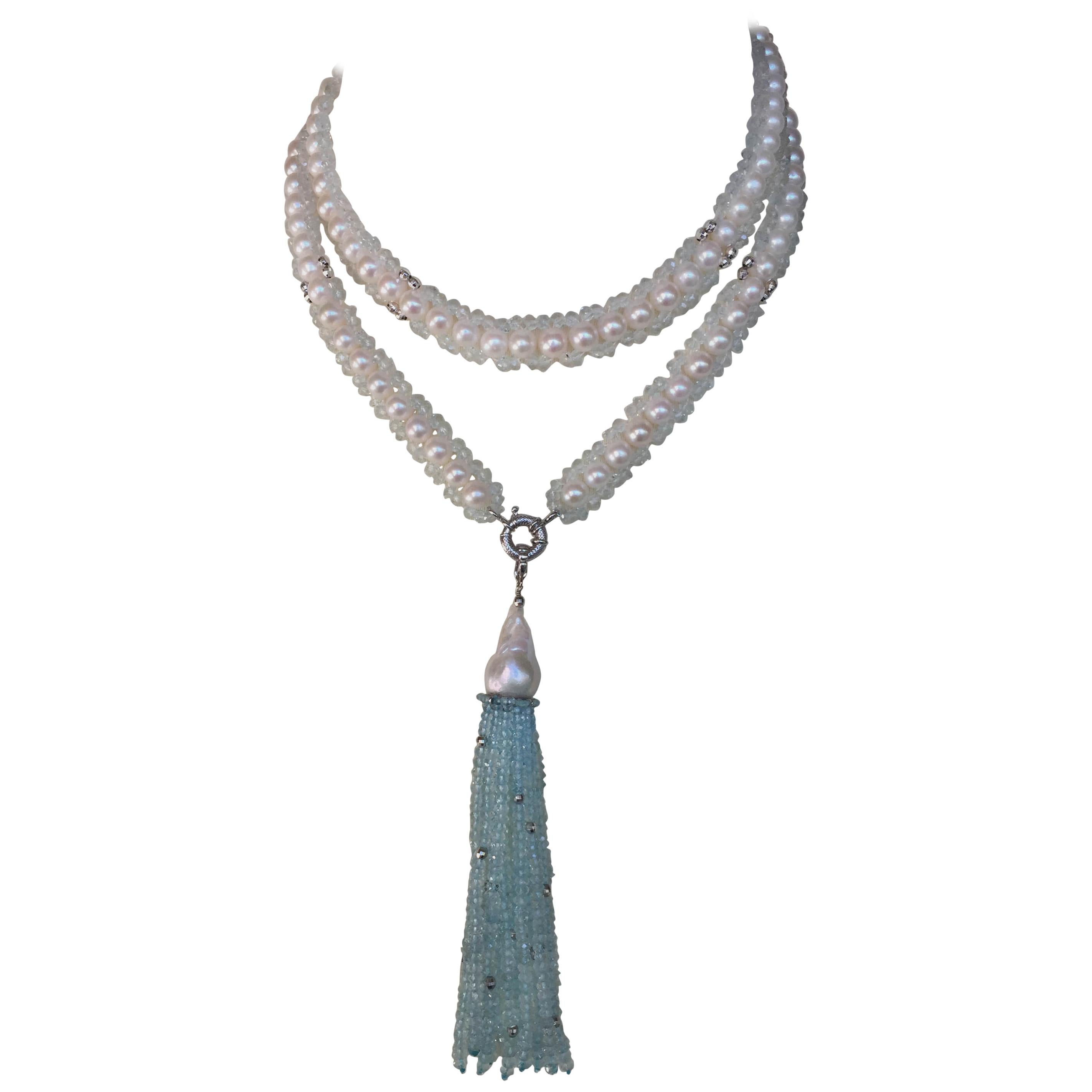 Handmade piece by Marina J. This beautiful Sautoir is made using all solid 14k White Gold, Faceted Aquamarine and stunning White Pearls. Woven into a classic design, the Pearls on this Sautoir display a soft iridescence and luster, perfectly