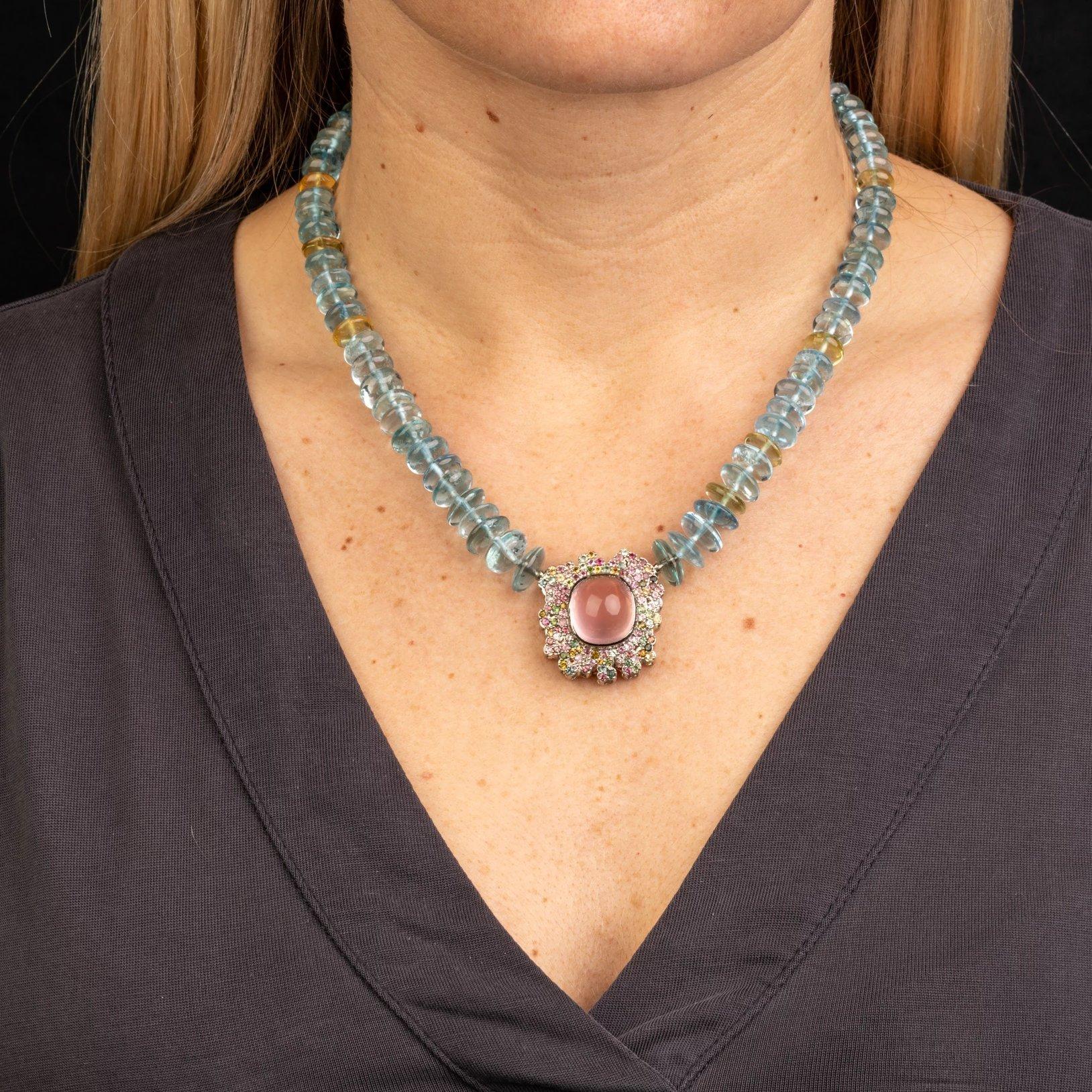 Aquamarine and Yellow Beryl Necklace with a Rose Quartz and Tourmaline Clasp In New Condition In Greenville, SC