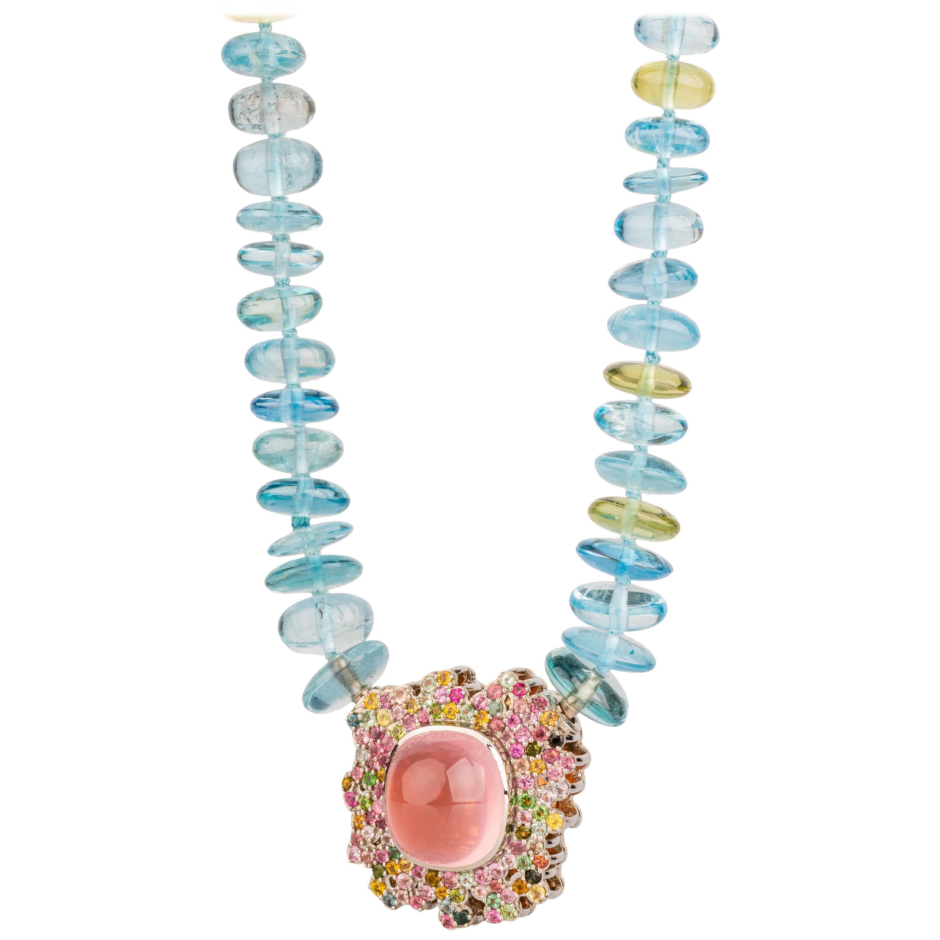 Aquamarine and Yellow Beryl Necklace with a Rose Quartz and Tourmaline Clasp