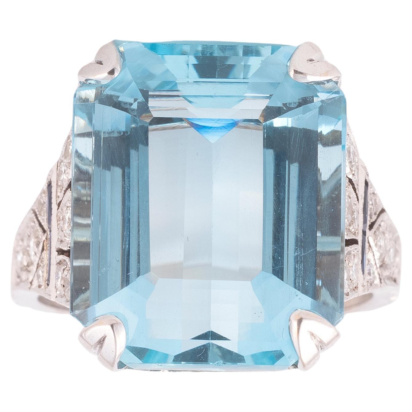 Square Cut Aquamarine approximately 15ct and Diamond Ring For Sale