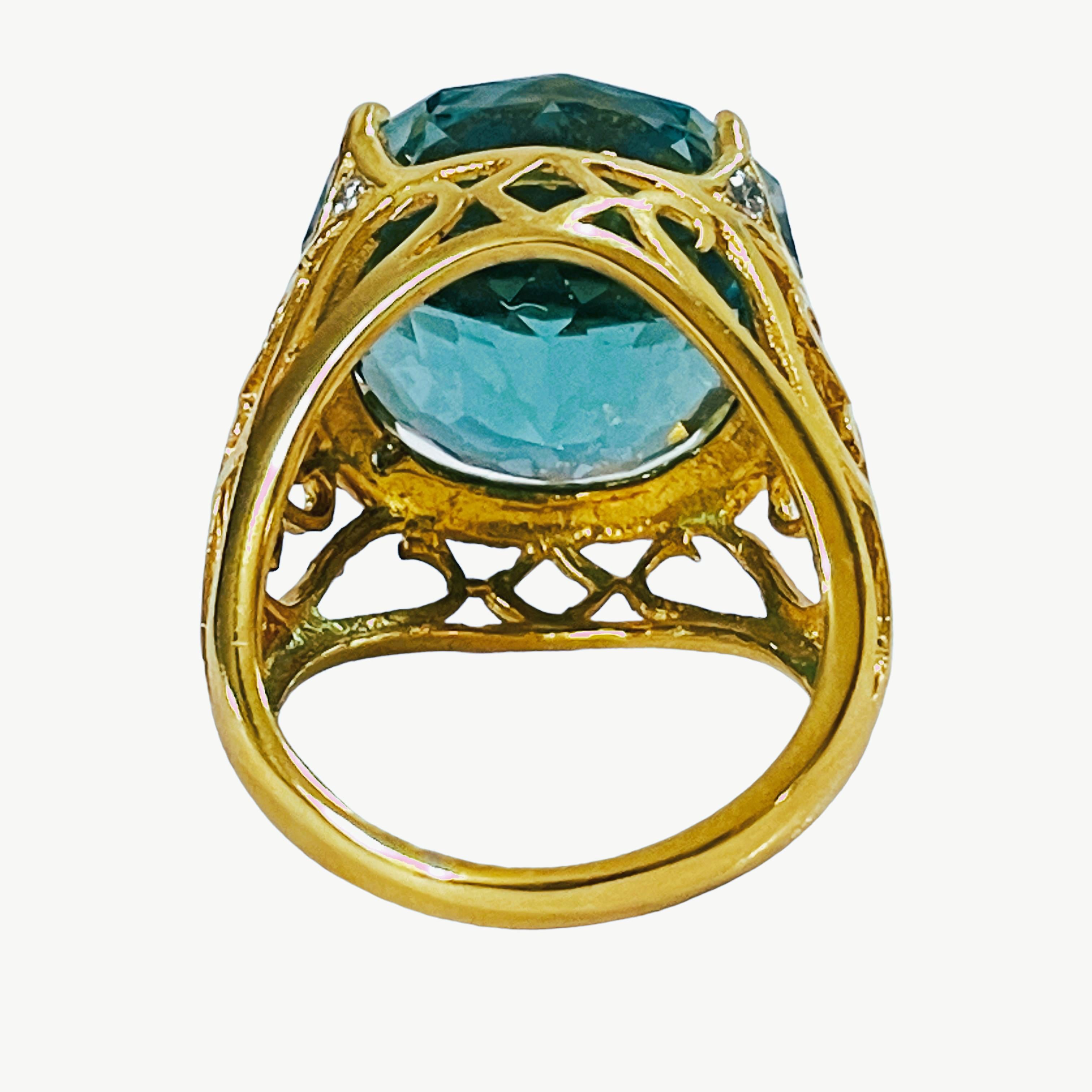 Art Deco Aquamarine Aqua Blue 19.90 Carat Sapp 925 Sterling Silver Gold Ring Women