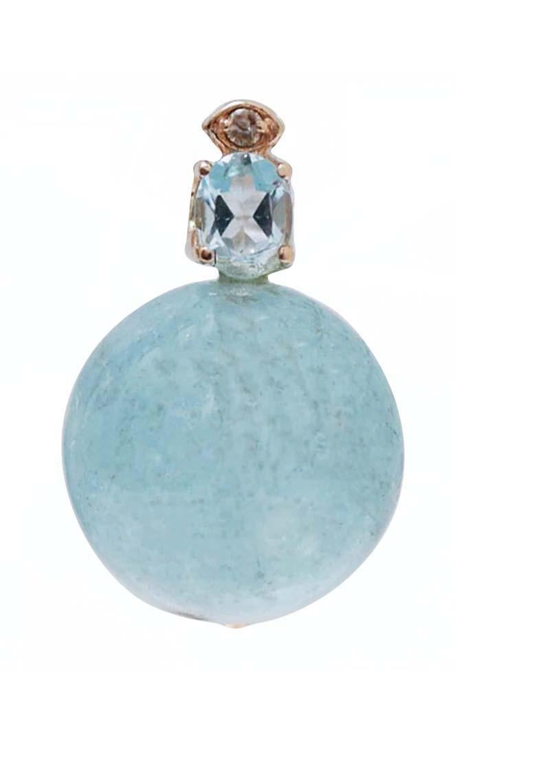 Beautiful earrings in 14 kt rose gold structure mounted with a diamond and a topaz in the upper part;below, an aquamarine.
Diamonds 0.04 ct
Topaz 0.93 ct
Aquamarine 7.80 gr - 14 mm
Total Weight 9.00 gr 
RF  +HHO

For any informations, feel free to