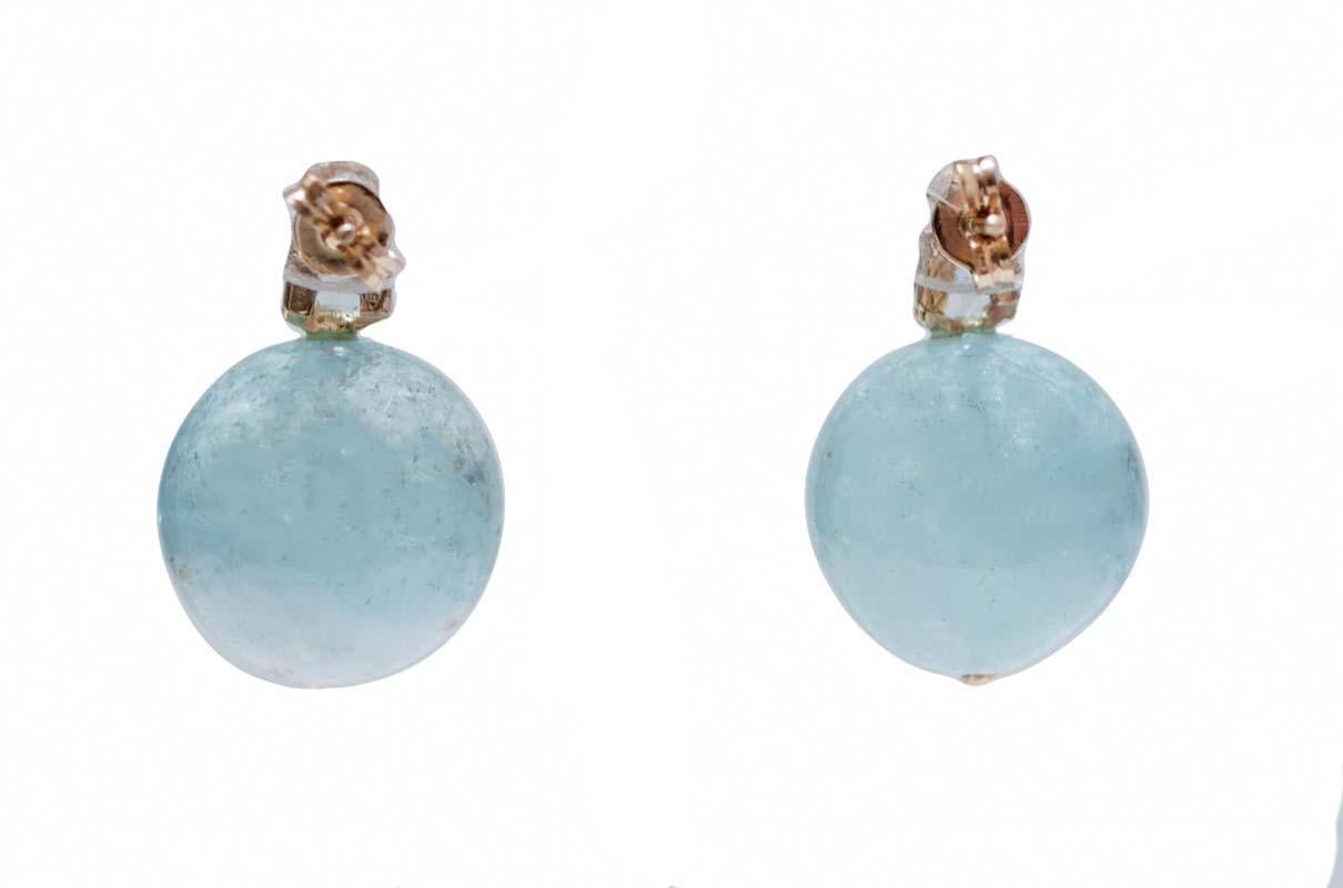 Retro Aquamarine, Aquamarine Colour Topaz, Diamonds, 14 Kt Rose Gold Earrings.