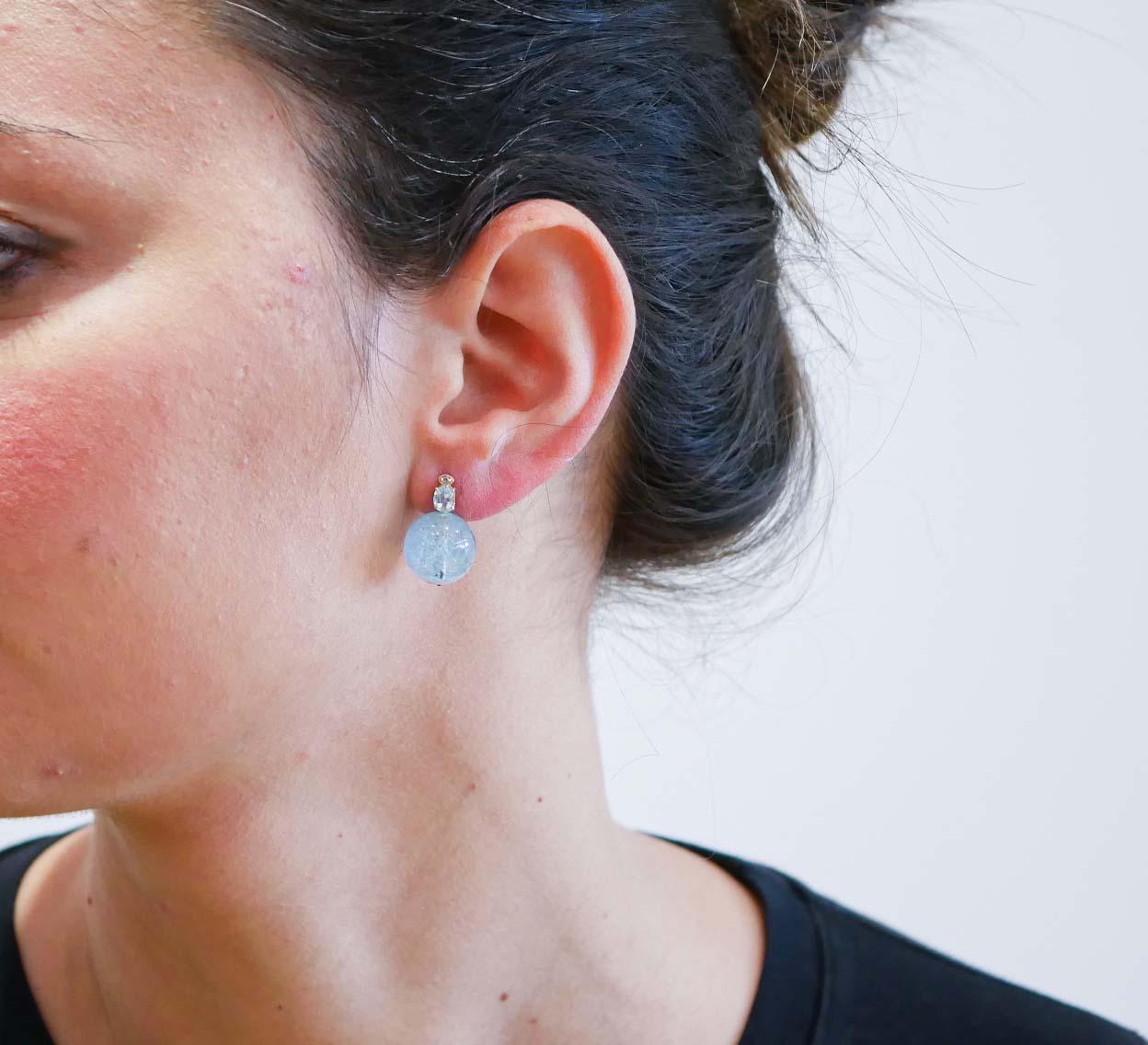 Mixed Cut Aquamarine, Aquamarine Colour Topaz, Diamonds, 14 Kt Rose Gold Earrings.