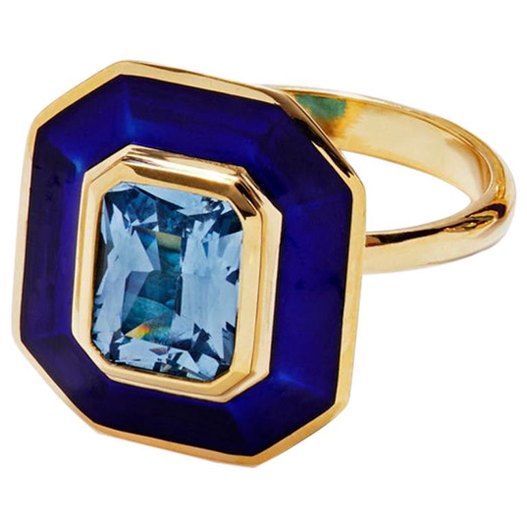 Aquamarine Art Deco Inspired Ring in 18 Carat Gold Cobalt Blue Vitreous Enamel For Sale