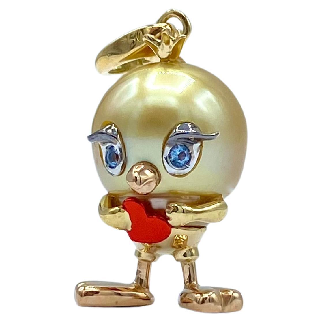 Aquamarine Australian Gold Pearl 18Kt Gold Heart Bird Charm or Pendant Necklace