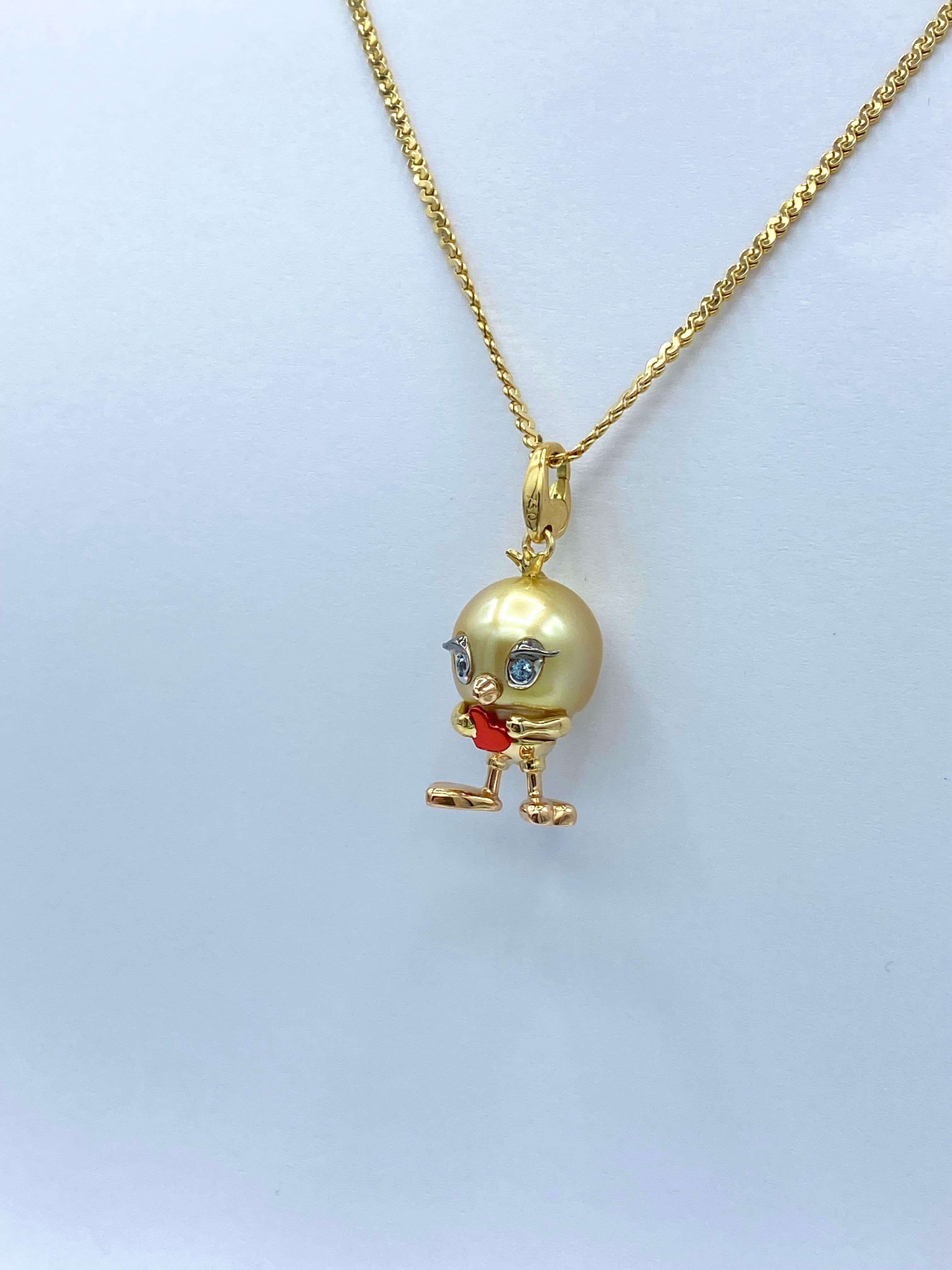 Artisan Aquamarine Australian Gold Pearl 18Kt Gold Heart Bird Charm or Pendant Necklace  For Sale
