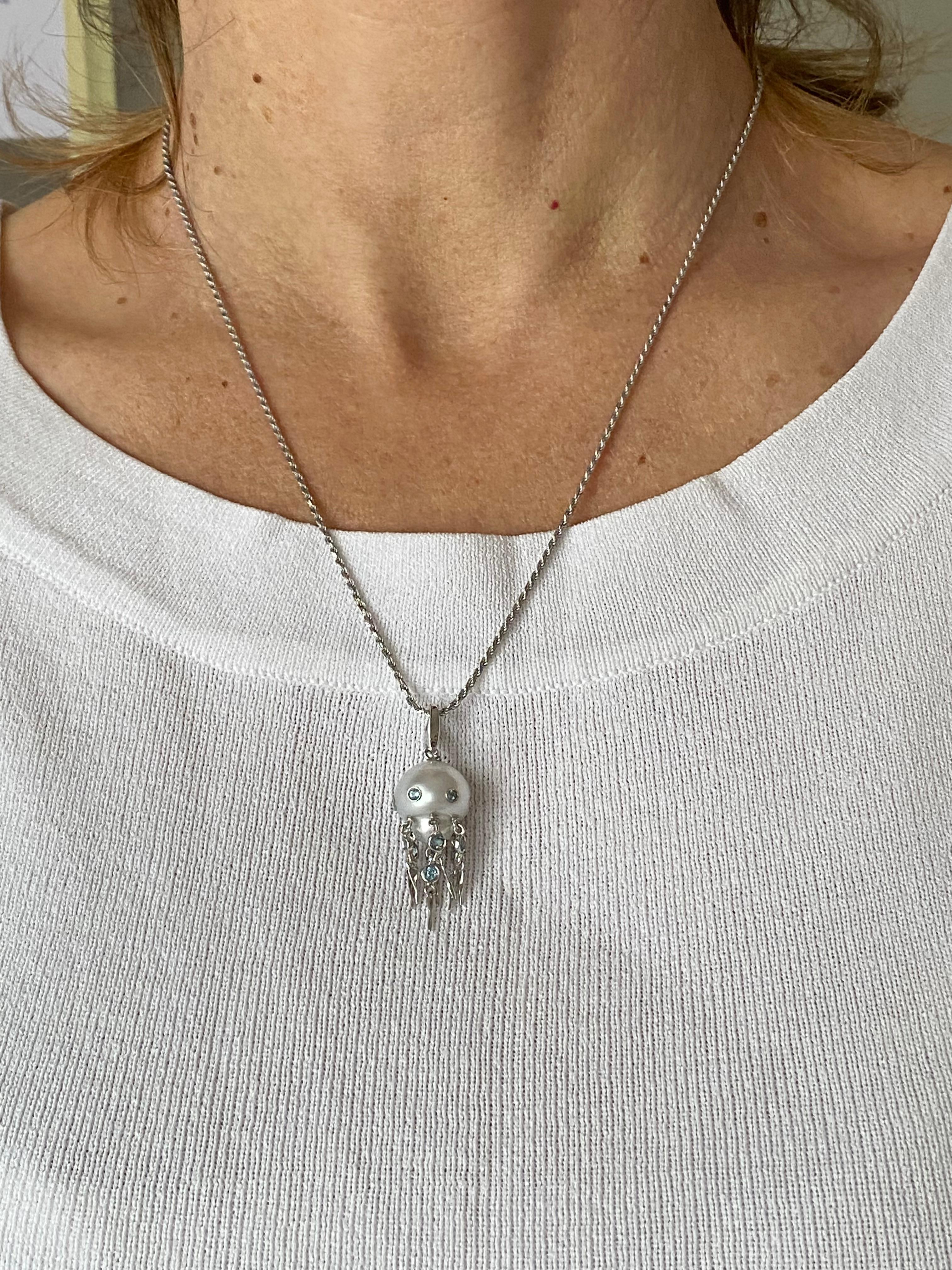 Aquamarine Australian Pearl 18Kt White Gold Jellyfish Pendant/Necklace or Charm  For Sale 1