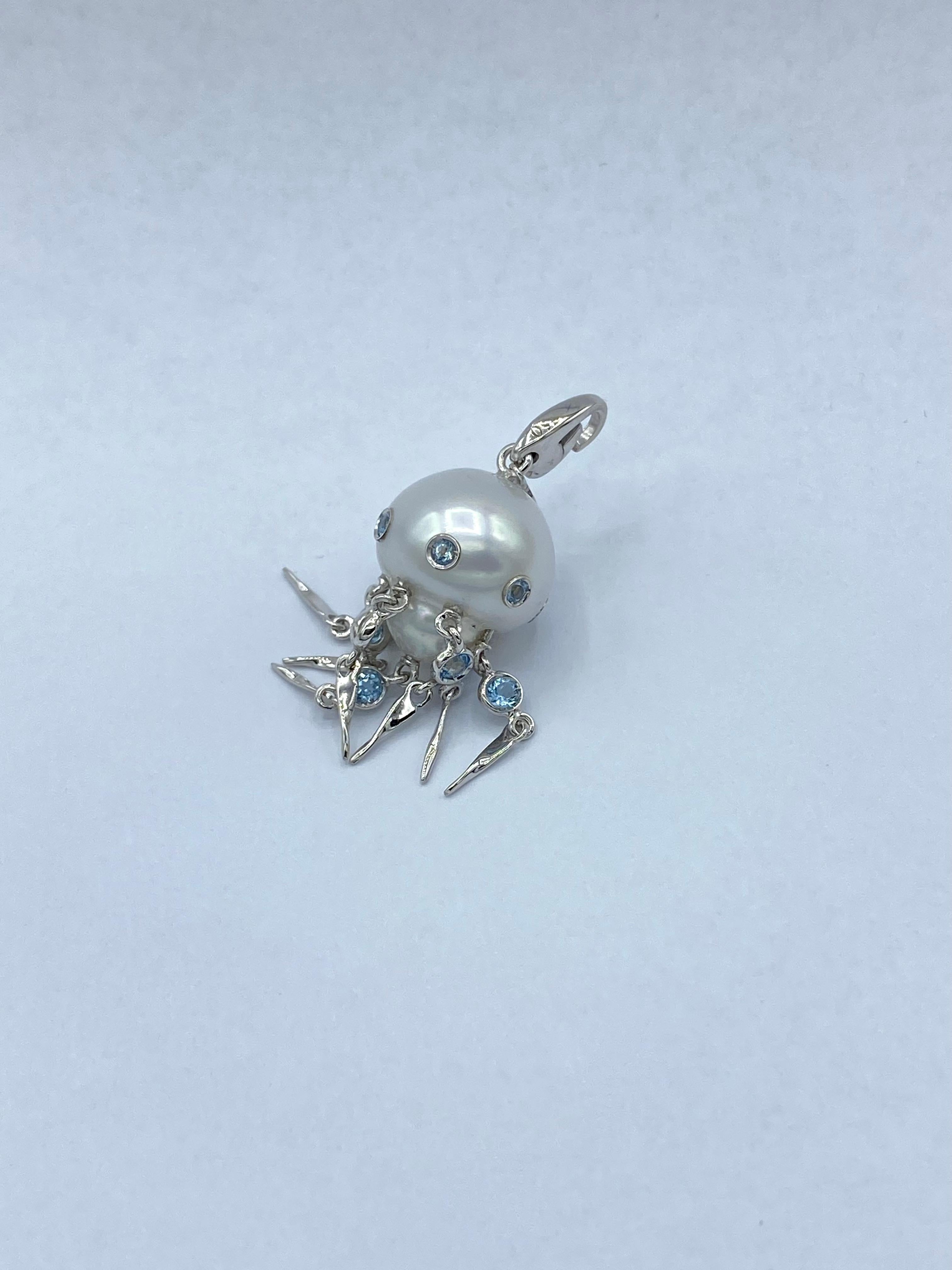 Artisan Aquamarine Australian Pearl 18Kt White Gold Jellyfish Pendant/Necklace or Charm  For Sale