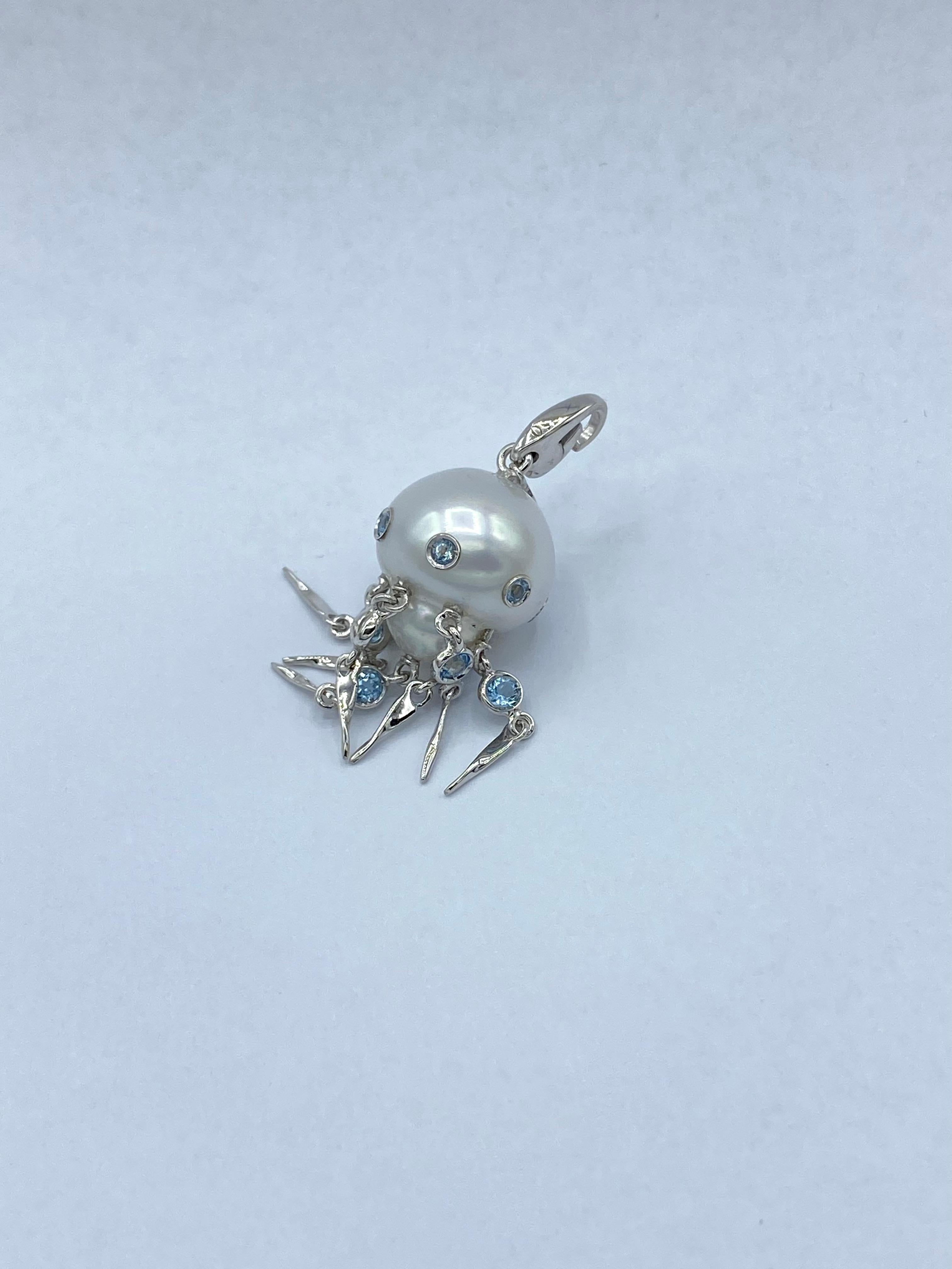 Artisan Aquamarine Australian Pearl 18Kt White Gold Jellyfish Pendant/Necklace or Charm For Sale