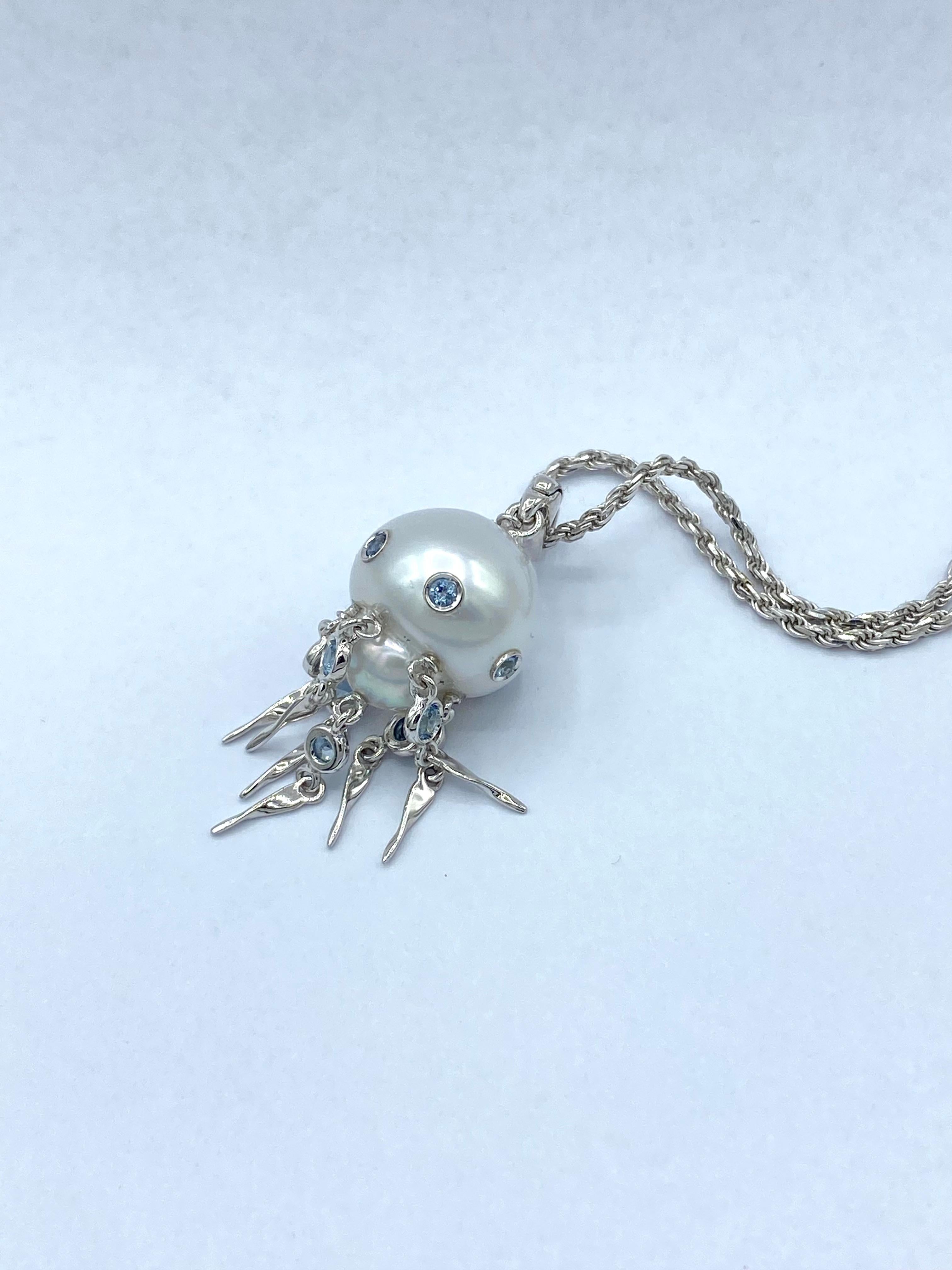 Round Cut Aquamarine Australian Pearl 18Kt White Gold Jellyfish Pendant/Necklace or Charm  For Sale