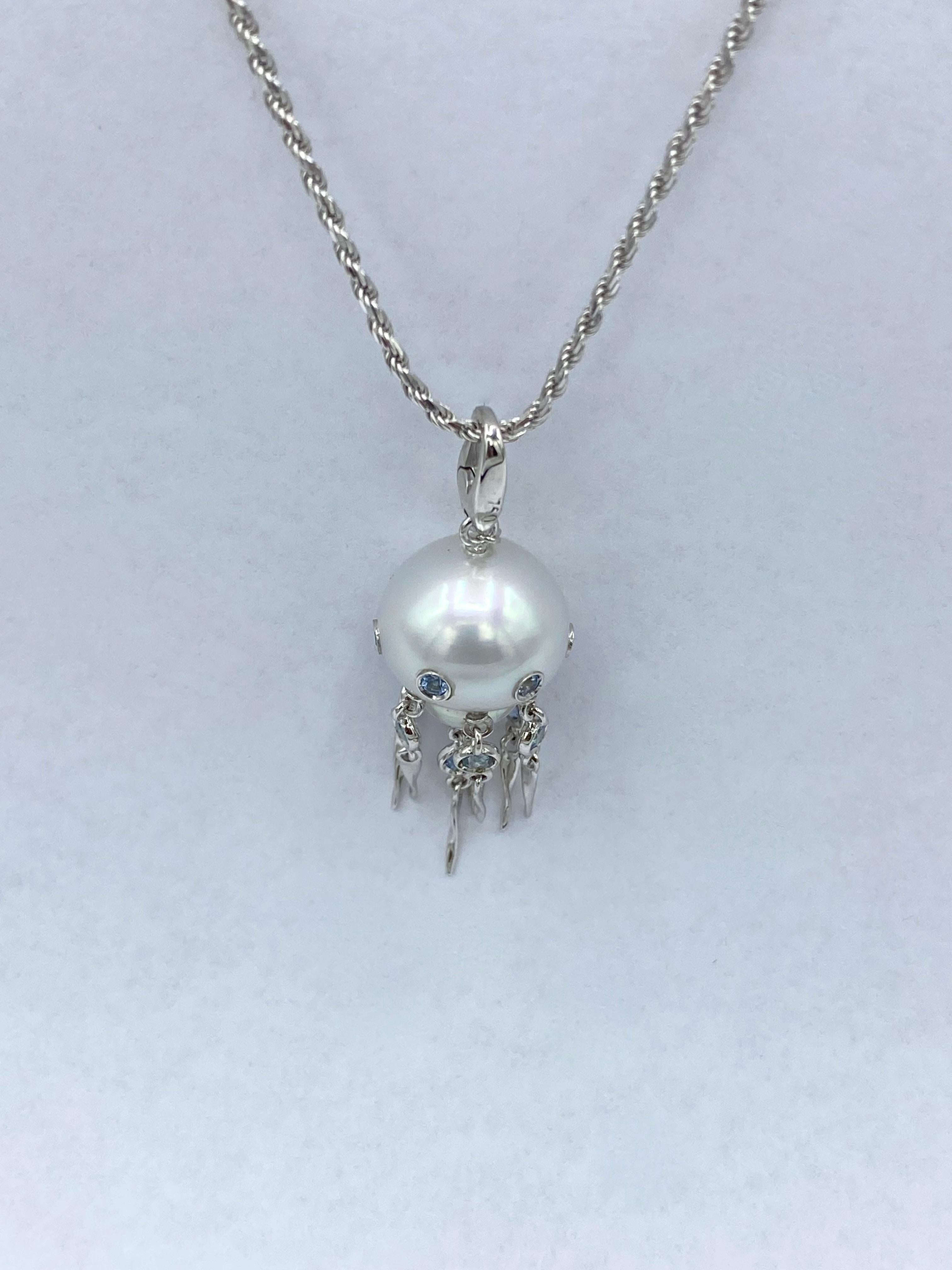 Women's Aquamarine Australian Pearl 18Kt White Gold Jellyfish Pendant/Necklace or Charm  For Sale