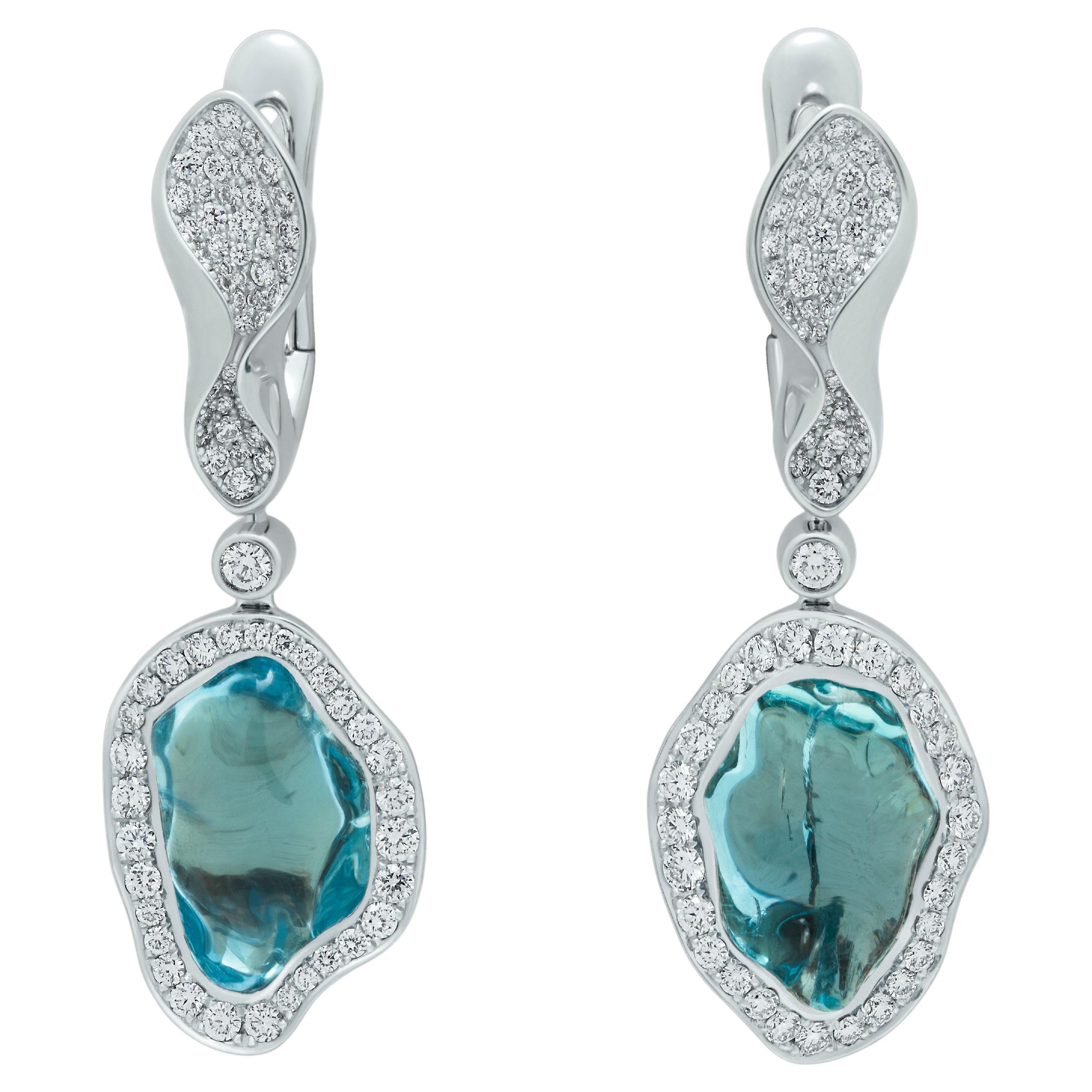 Aquamarine Baroque 10.75 Carat Diamonds 18 Karat White Gold Spectrum Earrings For Sale