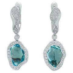 Aquamarine Baroque 10.75 Carat Diamonds 18 Karat White Gold Spectrum Earrings