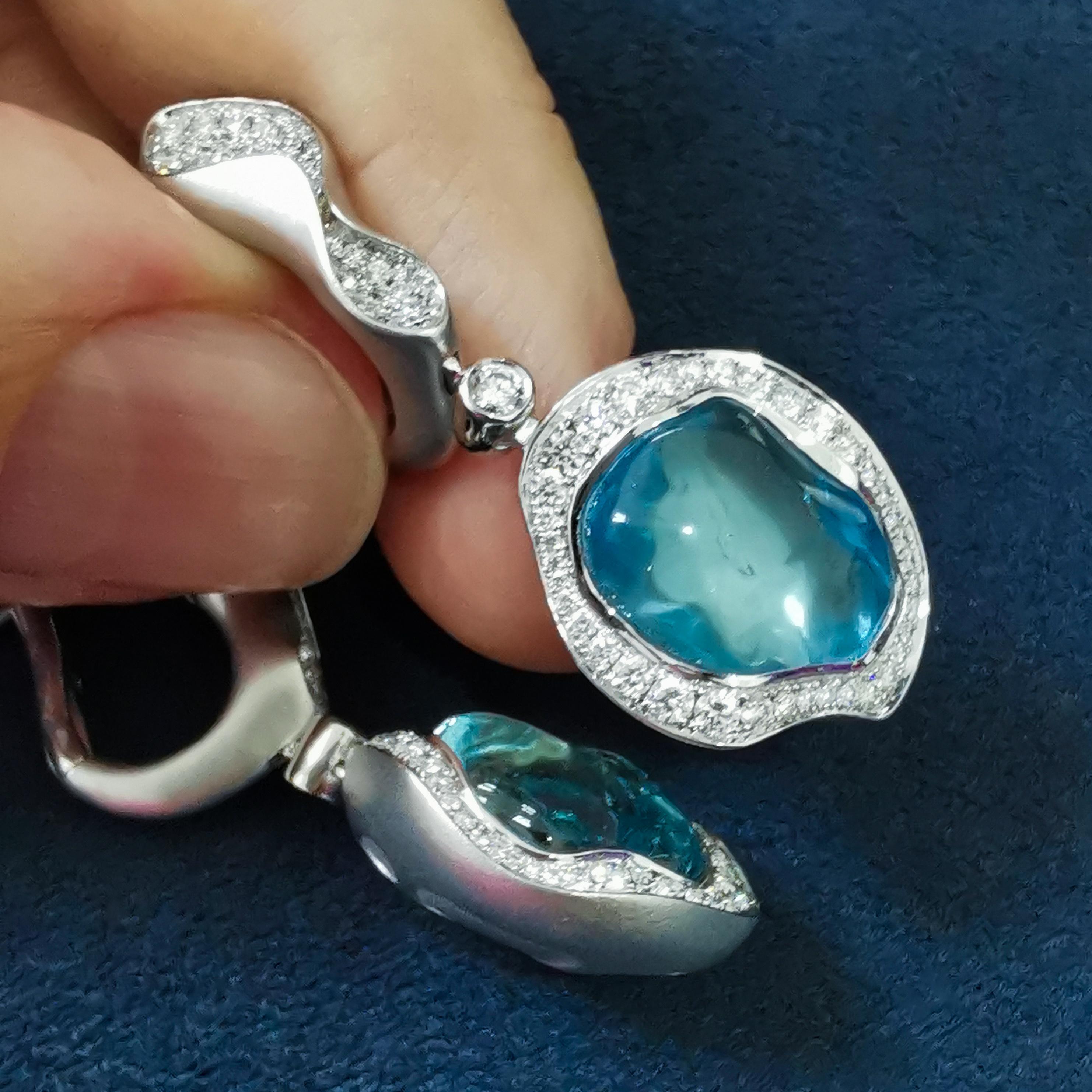 Contemporary Aquamarine Baroque 14.40 Carat Diamonds 18 Karat White Gold Spectrum Earrings For Sale