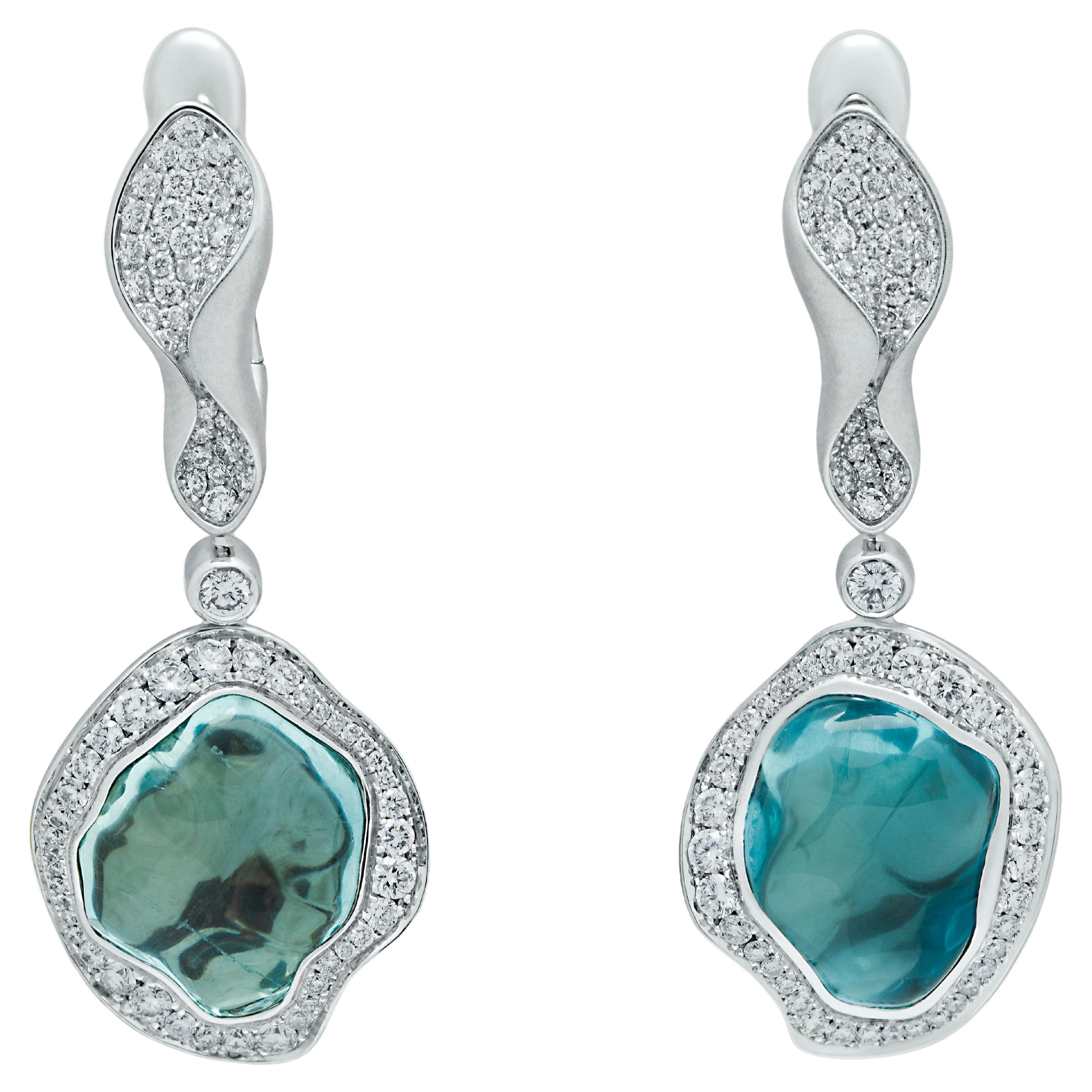 Aquamarine Baroque 14.40 Carat Diamonds 18 Karat White Gold Spectrum Earrings For Sale
