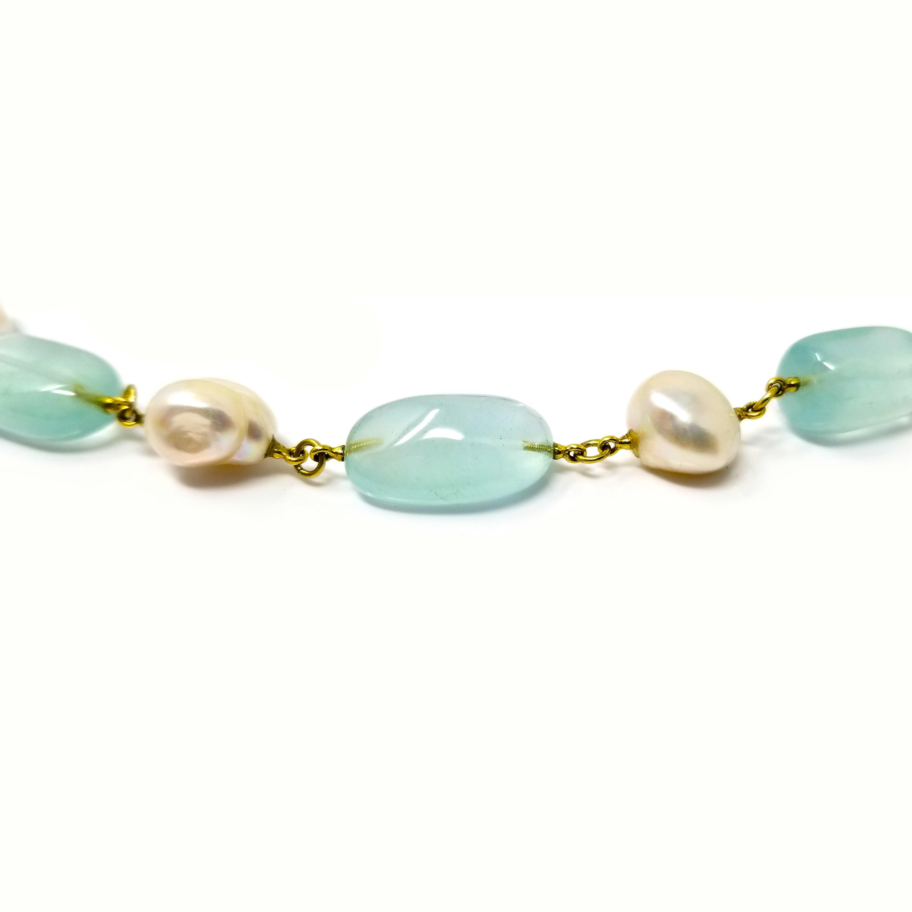 Contemporary Aquamarine, Baroque Pearl, and 18kt Beaded and Linked Necklace by Dan Peligrad