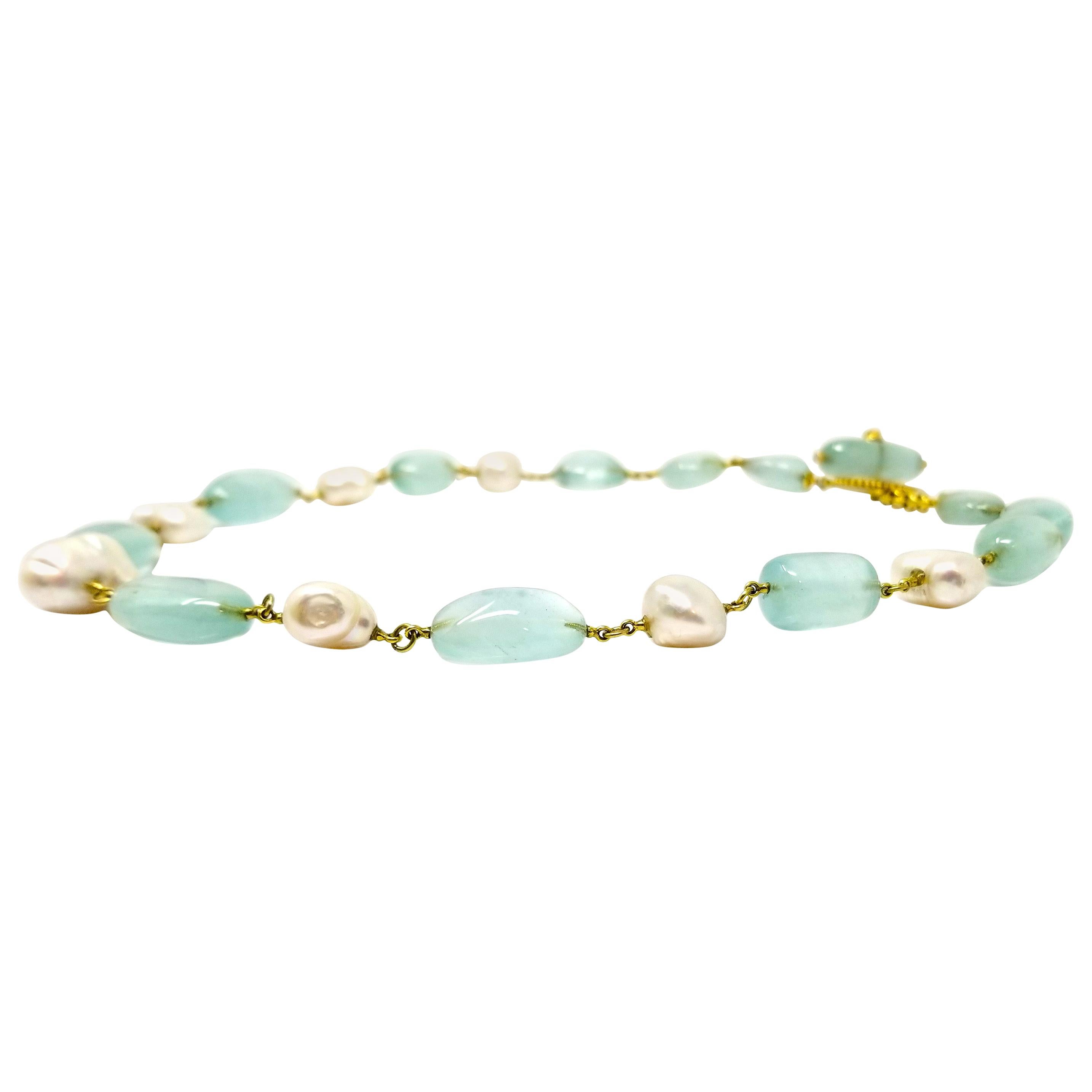 Aquamarine, Baroque Pearl, and 18kt Beaded and Linked Necklace by Dan Peligrad
